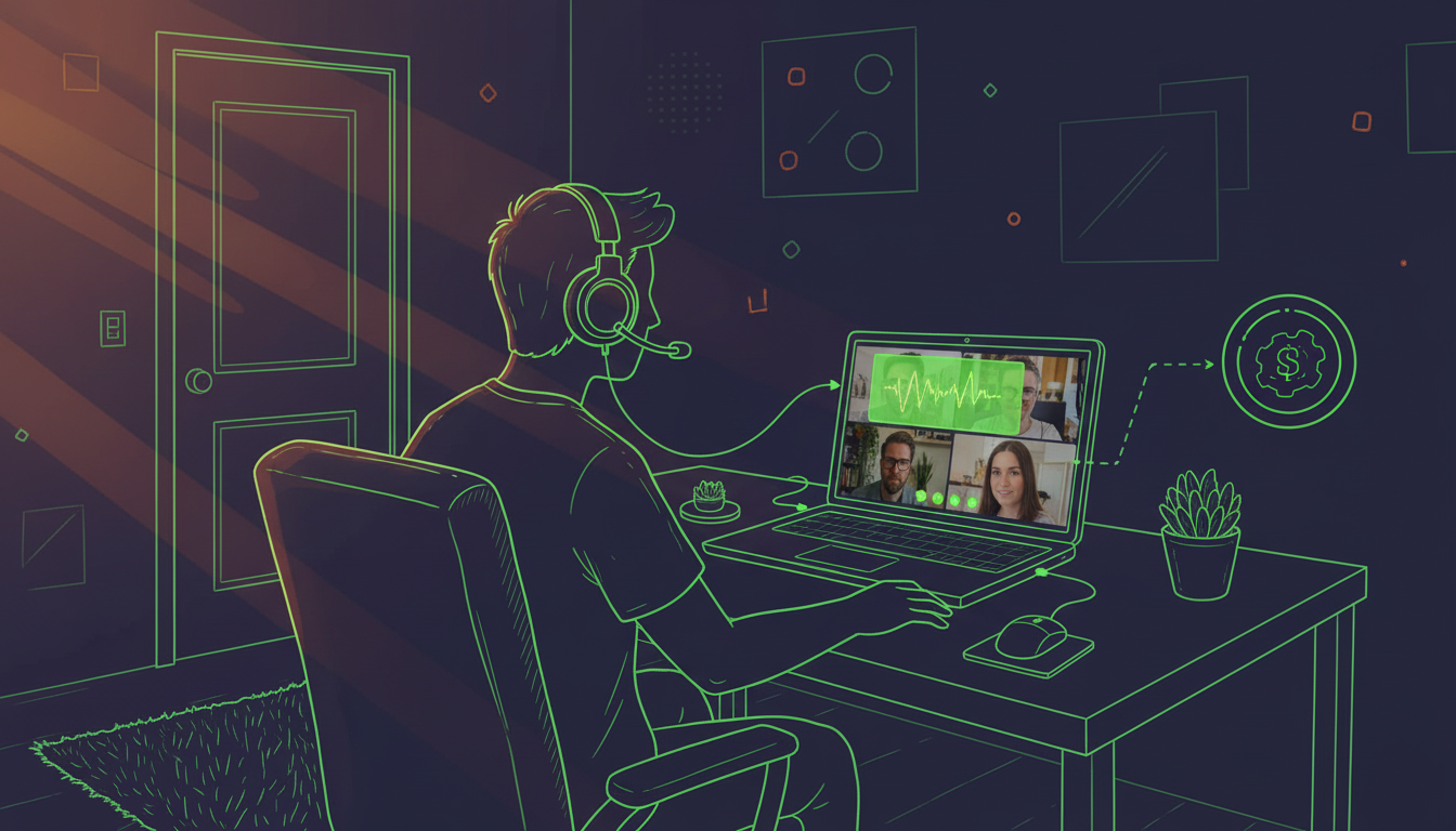 Professional home office setup showing a person wearing a quality headset microphone at a clean desk, with a laptop displaying a video call, in a quiet well-lit room with closed door visible in background, minimalist modern workspace with sound-dampening elements like soft furnishings, warm natural lighting, clean organized environment emphasizing audio quality and professional remote meeting setup