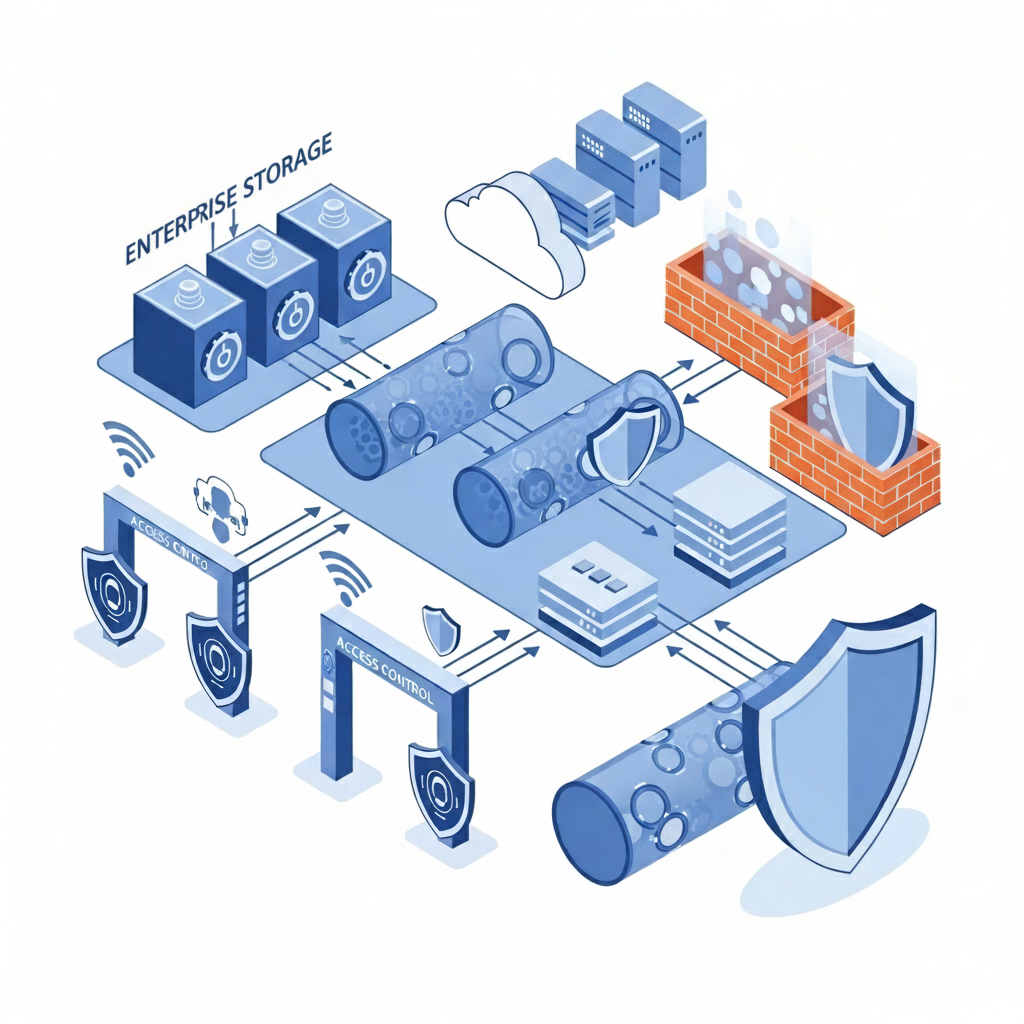 Modern enterprise security architecture visualization showing layers of protection: encrypted data storage represented by secure vault symbols, network segments with firewalls, access control gates with biometric authentication icons, and data flowing through secure encrypted tunnels. Clean, professional illustration with blue and gray tones, isometric perspective showing infrastructure components like servers, cloud storage, and security shields. Abstract and technical but clear representation of multi-layered cybersecurity infrastructure.