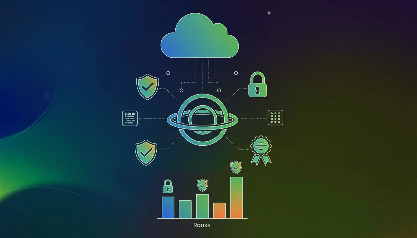 A professional, modern illustration showing evaluation and ranking concepts in healthcare technology. Display a clean composition with visual elements representing assessment criteria: security shields with checkmarks, encryption locks, certification badges, and compliance verification symbols. Include abstract representations of data flow, cloud infrastructure, and secure connections. Use a professional color palette with blues, greens, and neutral tones. The style should be minimalist, tech-focused, and convey trust, thoroughness, and systematic evaluation. No text or letters.