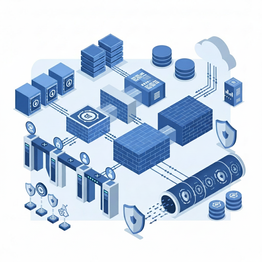 Modern enterprise security architecture visualization showing layers of protection: encrypted data storage represented by secure vault symbols, network segments with firewalls, access control gates with biometric authentication icons, and data flowing through secure encrypted tunnels. Clean, professional illustration with blue and gray tones, isometric perspective showing infrastructure components like servers, cloud storage, and security shields. Abstract and technical but clear representation of multi-layered cybersecurity infrastructure.