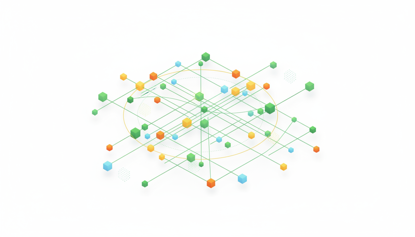 A minimalist 3d illustration of colorful interconnected glowing nodes representing meeting data spreading across a modern enterprise network, clean white background, isometric, high quality, corporate tech style. No text, no words.