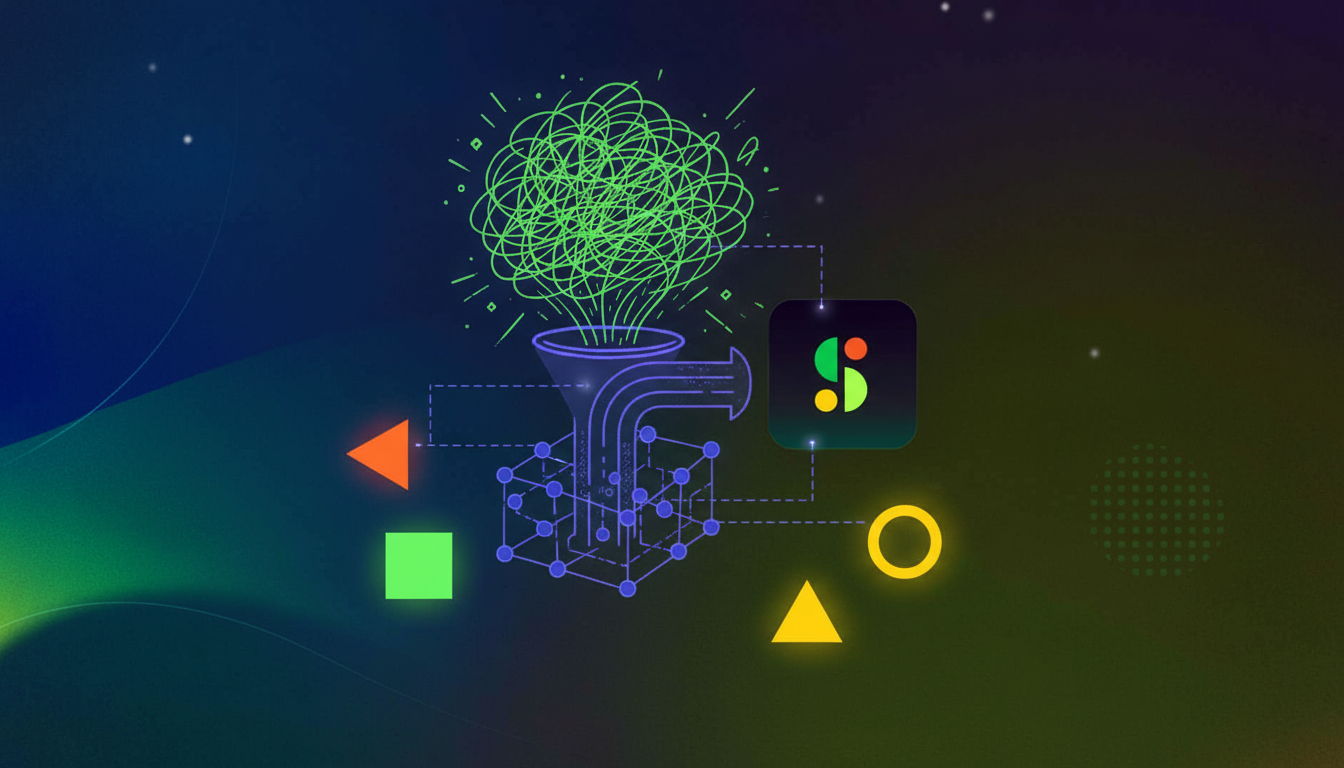 Modern minimalist illustration of an AI-powered meeting assistant concept, showing abstract representation of sound waves being transformed into organized structured data, with floating geometric shapes representing transcription, summaries, and action items, clean tech aesthetic with blue and purple gradient, digital transformation theme, no text or letters