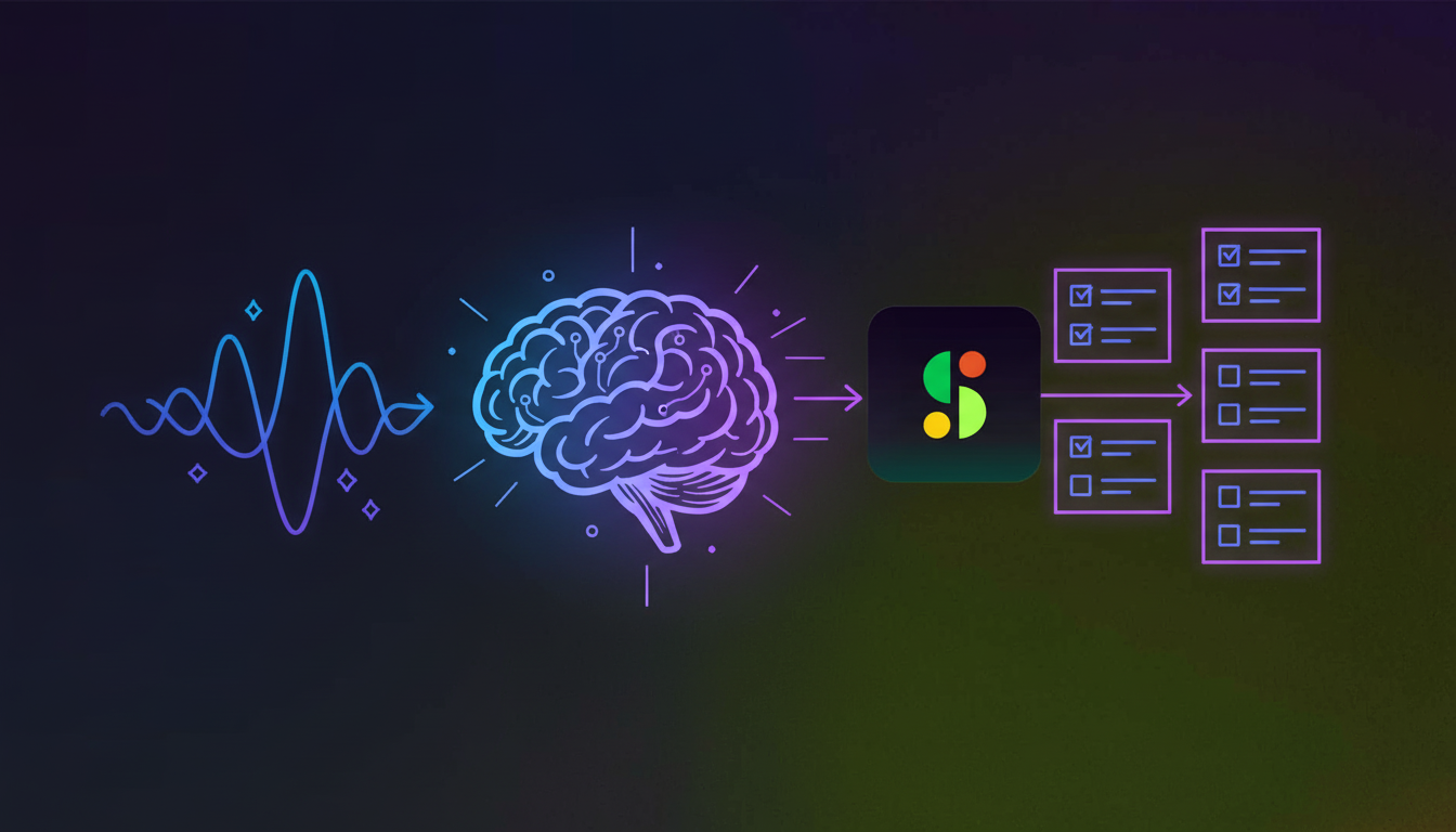 A modern, clean illustration showing the AI transcription process: sound waves or audio waveforms flowing into an AI processor or brain icon, then converting into organized task cards or checklist items. Use a professional color scheme with blues and purples. The image should show the transformation from unstructured speech to structured tasks in a visual flow from left to right. Abstract, minimalist style with geometric shapes representing the automation and technology.