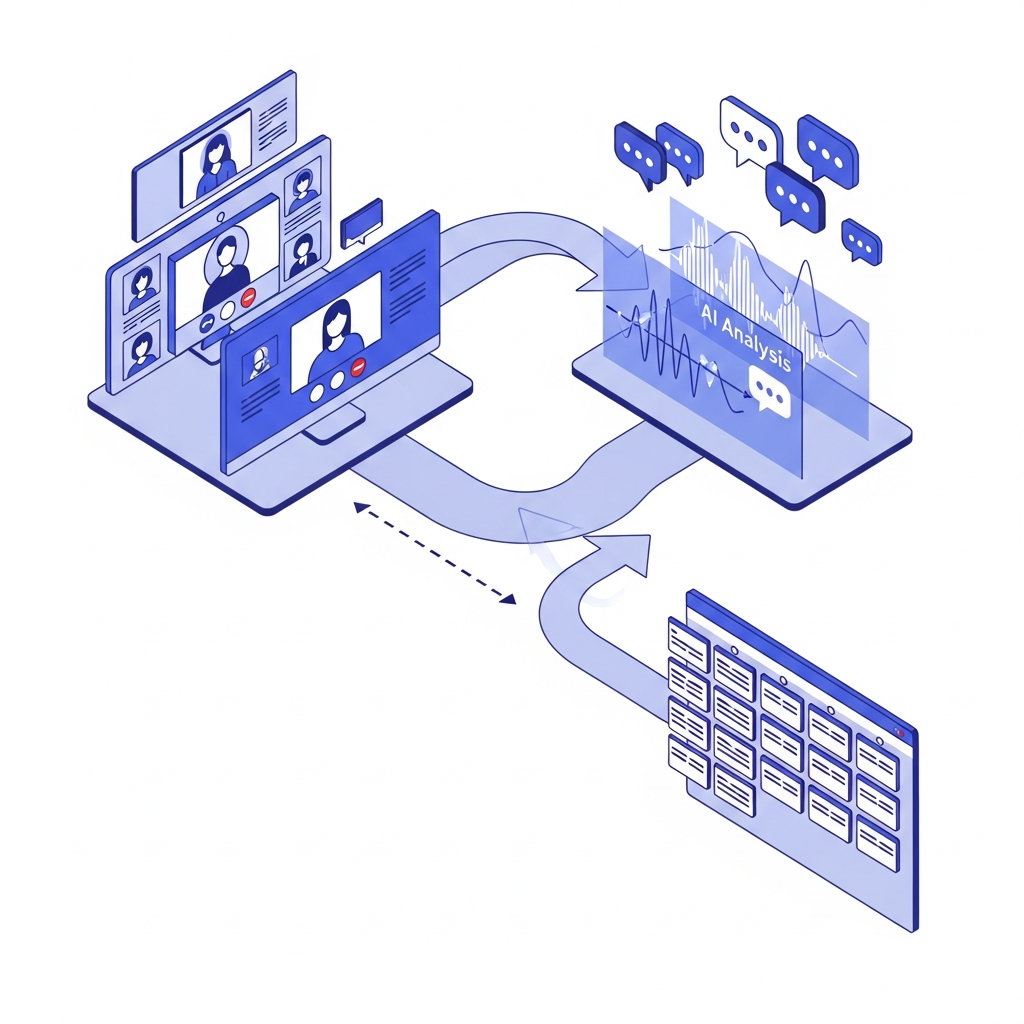 A modern, clean workflow diagram showing three connected stages: a video conference call with multiple participants on computer screens, flowing into an AI analysis visualization with waveforms and speech bubbles being processed, then flowing into a project management board with organized task cards. Use a professional blue and purple color scheme with smooth flowing arrows connecting each stage. Isometric perspective, minimal style, no text or labels.