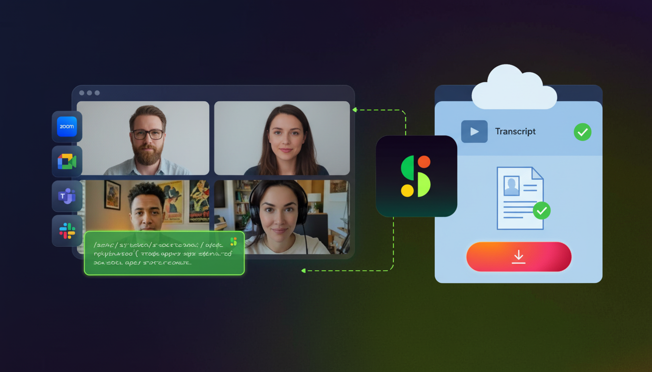 Split screen comparison showing two Zoom meeting transcription methods: left side shows a live video call with real-time captions appearing at bottom of screen with multiple participants visible, right side shows a cloud storage interface with completed meeting recording and transcript file ready for download, modern interface design, clean professional workspace, blue and purple accent colors, isometric or flat illustration style