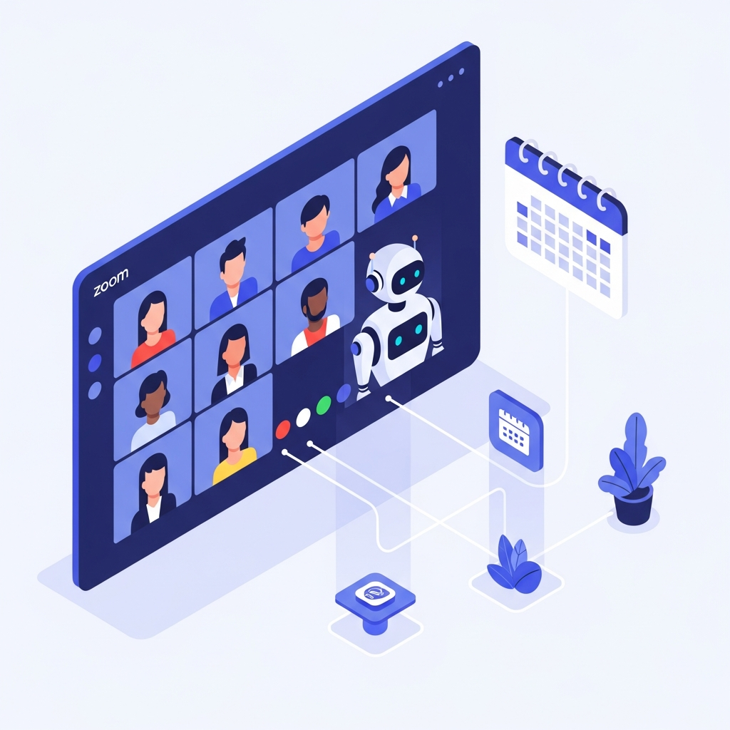 A modern, clean illustration showing a Zoom video conference interface with multiple participant tiles. An AI robot assistant avatar is visible among human participants in the grid layout. The scene includes visual elements representing calendar integration, with a floating calendar icon connected by glowing lines to the video conference. The color scheme uses professional blues and purples with a light background. Isometric or flat design style, tech-focused aesthetic, no text or words visible.