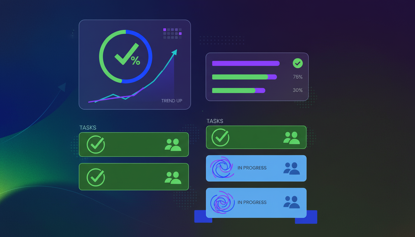 A modern dashboard interface showing task completion metrics and analytics. Display progress bars, completion percentages, status indicators with checkmarks, and trend graphs showing upward improvement. Use a clean, professional design with blues, greens, and purples. Show visual representation of accountability with assigned tasks organized in cards or lists, some marked complete with green checkmarks, others in progress. Abstract, minimalist style with geometric shapes representing data visualization and workflow automation. No text or letters.