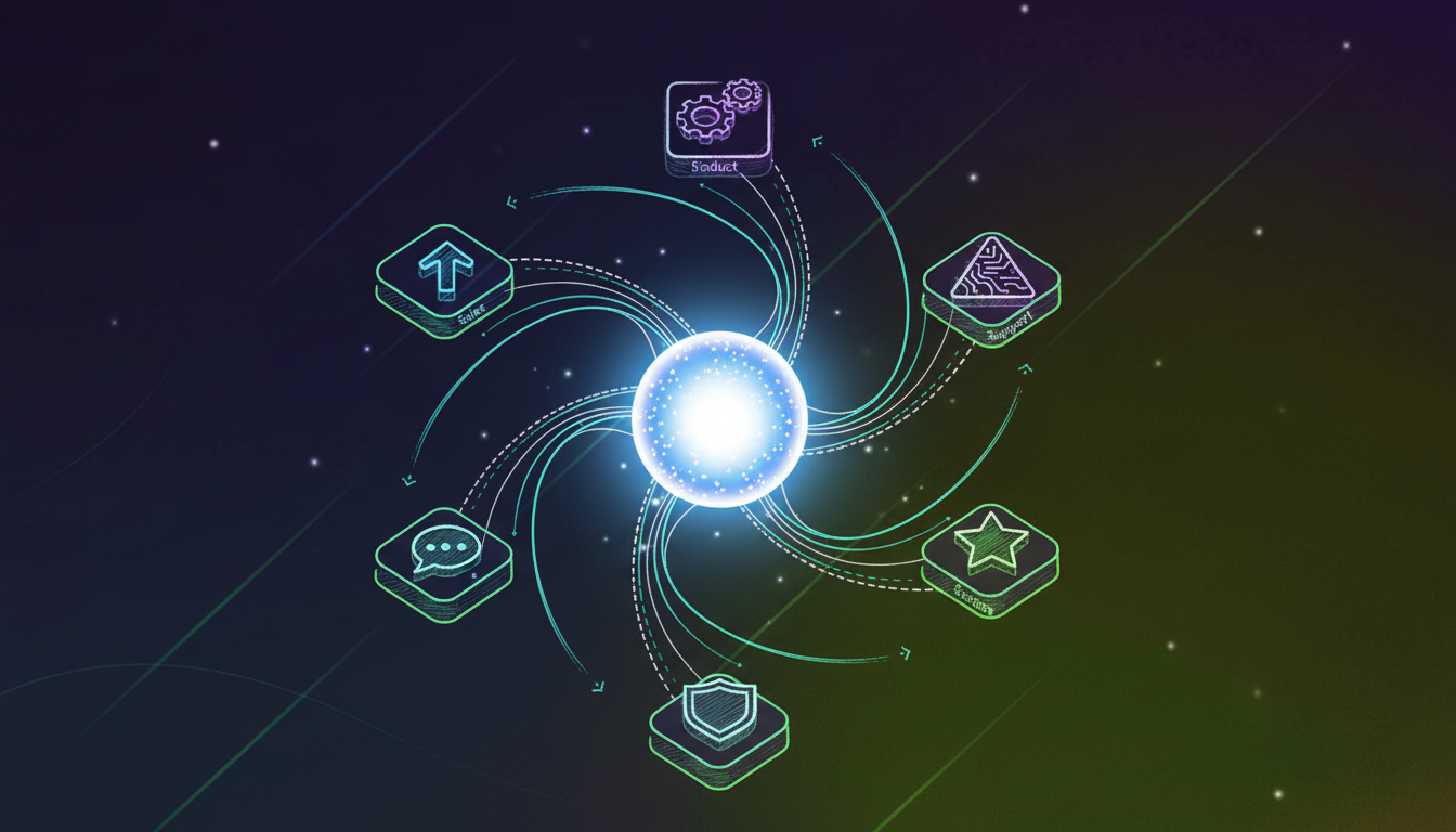 A modern, clean illustration showing an organizational intelligence hub with interconnected nodes representing different departments: Sales, Product, Engineering, Support, Success, and Leadership. Each department node connects to a central glowing hub or repository in the middle. Show flowing data streams or light trails moving between the departments and the central hub, visualizing how information flows across functions. Use a professional tech color palette with blues, purples, and whites. The style should be minimalist, isometric or flat design, conveying seamless cross-functional visibility and unified organizational intelligence.