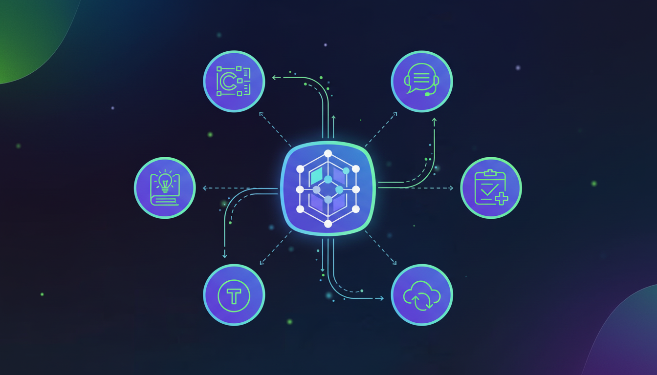 A modern, clean illustration showing a central hub or node connected to multiple surrounding icons representing different business tools and platforms. The design should show flowing connections or data streams between the center and various tool icons like CRM systems, ticketing platforms, knowledge bases, and communication apps. Use a professional tech color palette with blues, purples, and whites. The style should be minimalist, isometric or flat design, conveying seamless integration and data flow across an enterprise technology ecosystem.