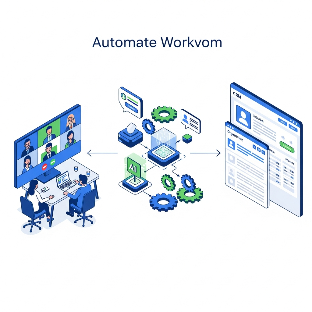 A modern, clean illustration showing an automated workflow: a video conference call on the left with diverse business professionals in a meeting, flowing through AI-powered automation nodes and gears in the center, connecting to a CRM dashboard interface on the right displaying organized task lists and contact records. Use a professional color palette with blues and greens, isometric or semi-flat design style, showing the seamless flow of information from human conversation to structured database entries.