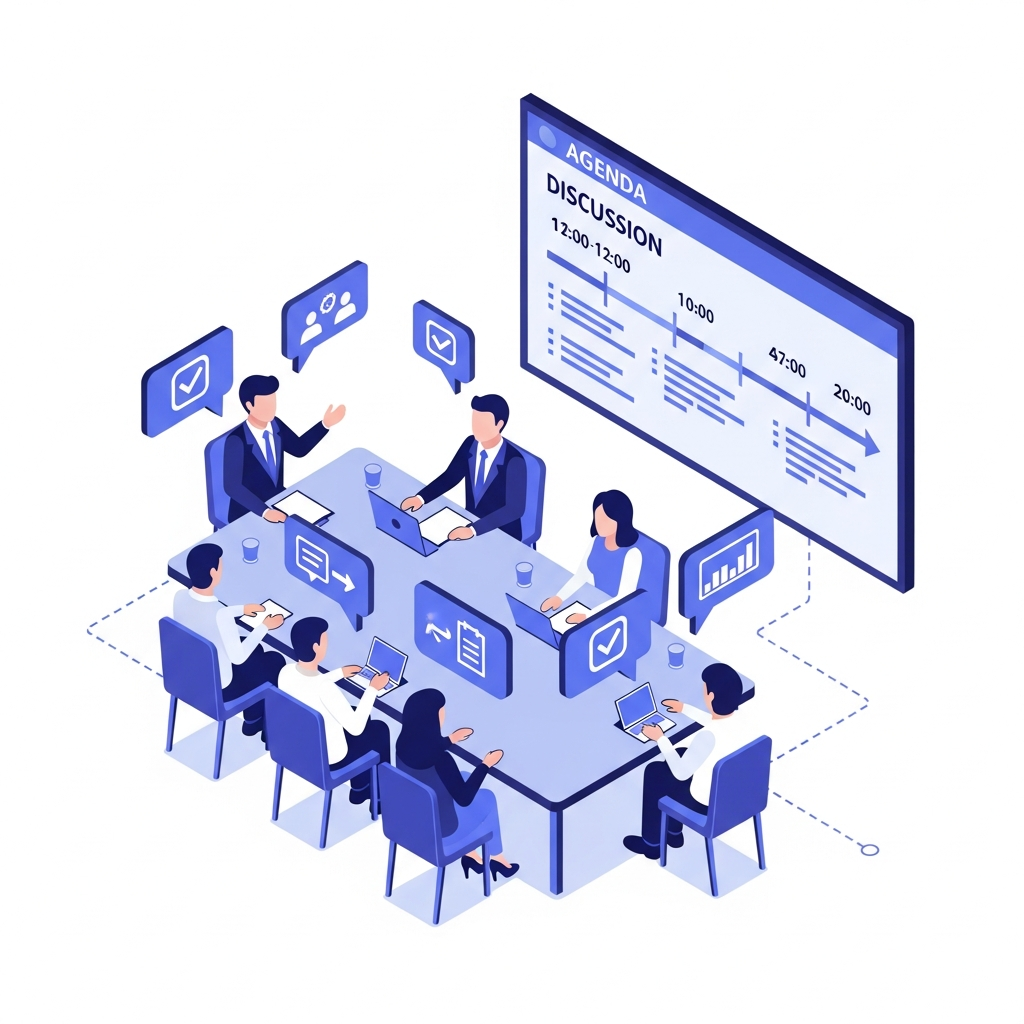 A professional illustration showing a business meeting scene with clear visual elements representing best practices: people having a structured discussion with speech bubbles containing action item icons (checkmarks, assignment symbols), a visible agenda or timeline on a screen, and visual indicators of clear communication flow. Modern, clean design with blue and purple color scheme, isometric perspective, showing collaboration and organized workflow without any text or letters.
