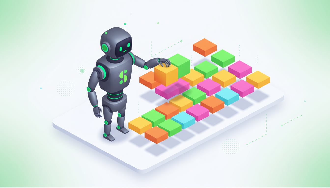 A minimalist 3d illustration of a sleek AI assistant robot organizing colorful floating blocks into a structured grid, representing workflow automation and task management. Clean white background, isometric, high quality, modern corporate tech style. No text, no words.