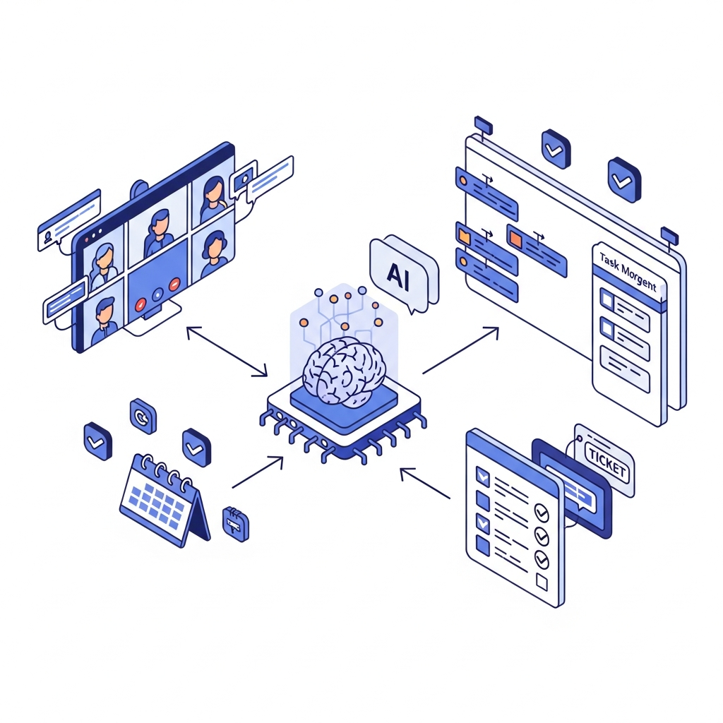 A modern, clean illustration showing the workflow of AI capturing action items from a meeting. Show a flowchart-style diagram with: a video conference call on the left, AI processing in the middle (represented by a brain or neural network icon), and project management tools on the right (kanban board, task lists, ticket cards). Include visual elements like checkmarks, arrows showing flow from conversation to automated task creation, and calendar icons. Use professional blue and purple color scheme with clean lines and flat design style. Isometric perspective, tech-focused aesthetic.