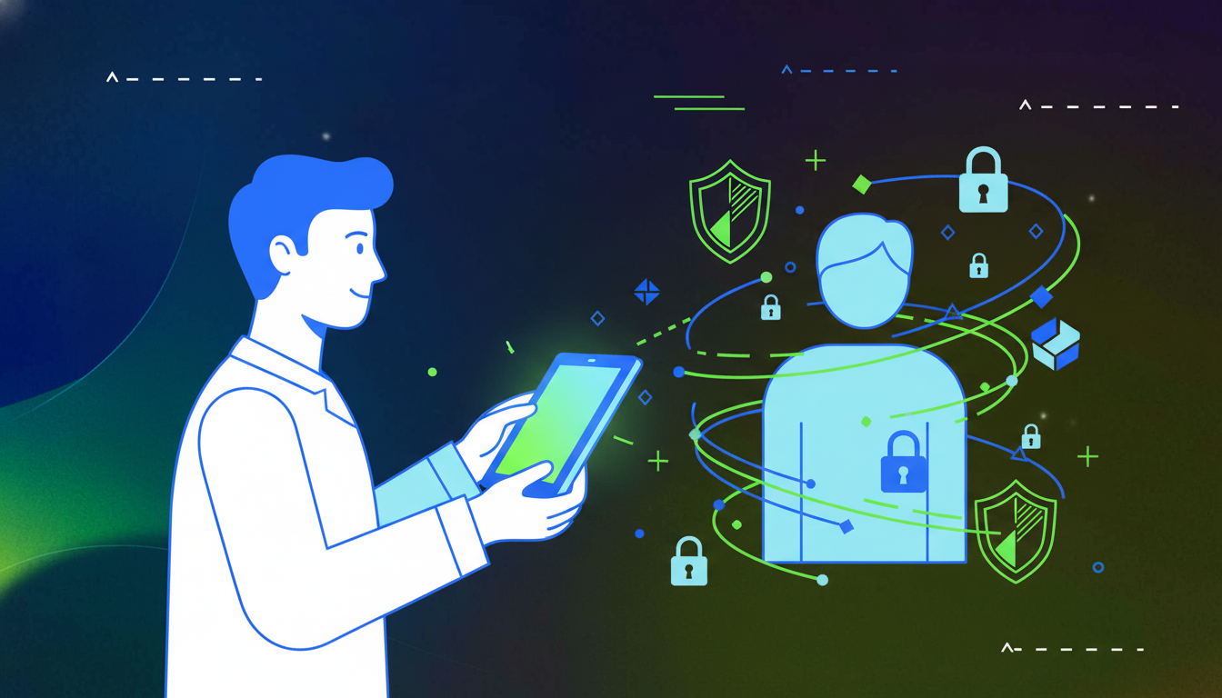 A modern, clean illustration showing a healthcare professional using a digital device during a patient session. The scene should include visual elements representing data encryption and security: floating shield icons, lock symbols, and encrypted data streams flowing securely. Use a professional color palette with blues and greens. The style should be minimalist and tech-focused, conveying trust and security in a medical setting. No text or letters.