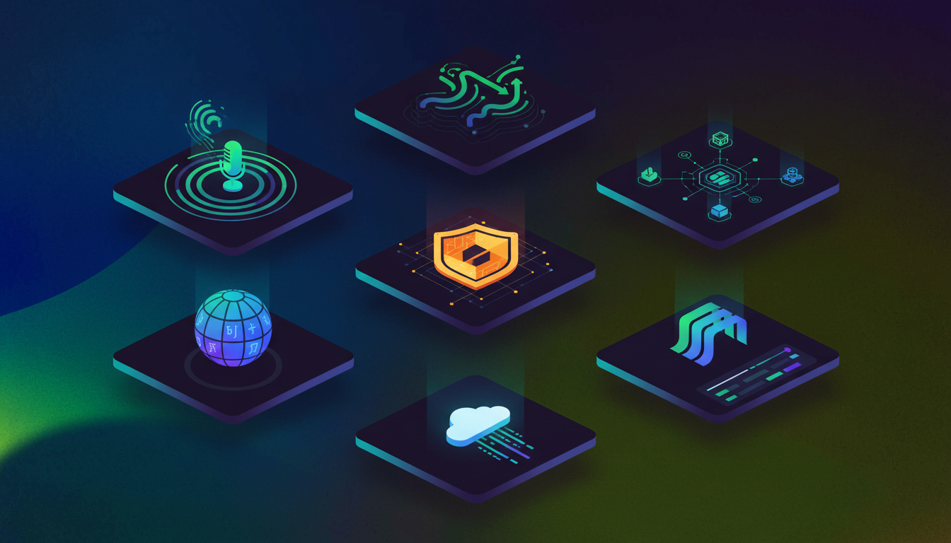 Modern professional illustration showing multiple AI meeting assistant tools represented as distinct floating platforms or workstations. Each platform displays abstract visualizations of meeting data: transcription waves, language globes showing multilingual support, security shields for compliance, interconnected nodes for integrations, and data streams flowing between meetings. Clean isometric perspective, tech-forward aesthetic with blues, purples, and teals, minimal geometric style, organized grid layout suggesting comparison, professional SaaS product illustration