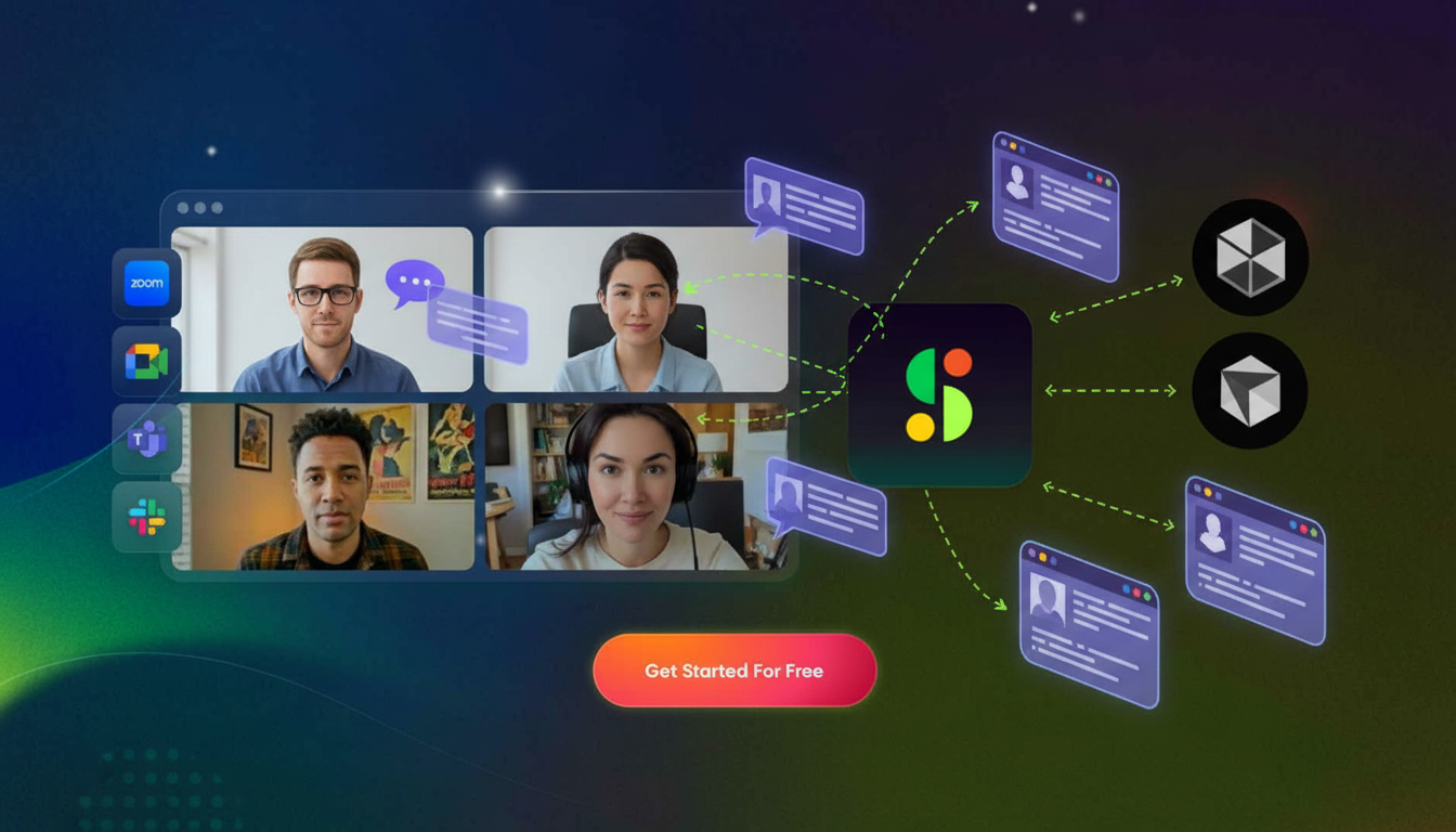 Modern engineering team collaboration scene showing a remote video conference meeting with multiple participants on screens, with visual elements representing AI automation like floating action items, task cards, and connection lines flowing from the meeting interface into project management board icons. Clean, professional tech illustration style with blue and purple gradient accents, isometric perspective, depicting the flow of information from conversation to automated workflow