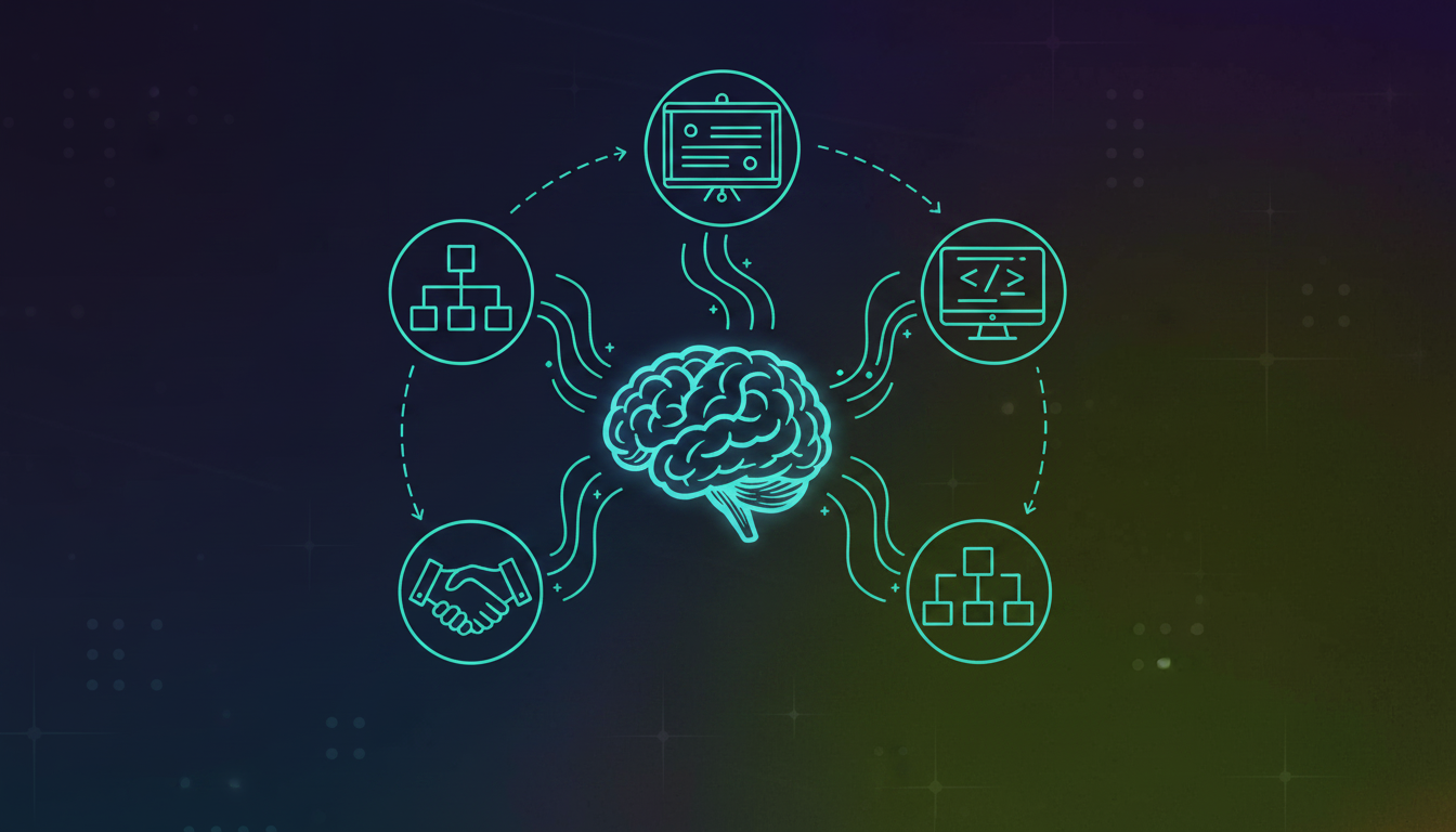 A clean modern digital illustration showing four distinct team icons arranged in a circle — a product roadmap board, a code window, a handshake, and an organizational chart — all connected by glowing teal and blue lines to a central glowing AI brain hub in the middle. Dark blue-to-purple gradient background. Sleek minimal icon style. No text, no words, no letters anywhere in the image.