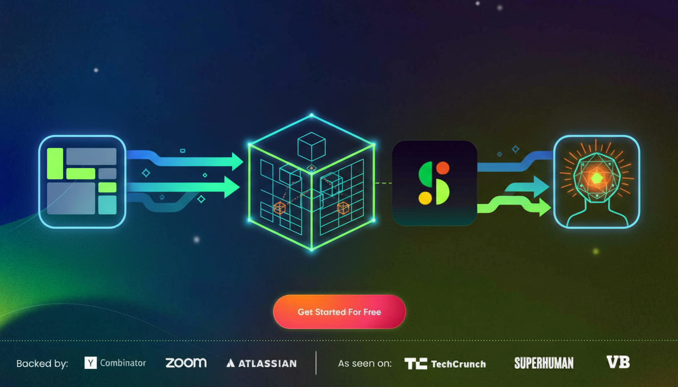 A clean, modern digital illustration showing a data pipeline flow concept: a video call interface icon on the left, connected by glowing arrows through a central processing hub with structured data grids, then flowing into a futuristic AI assistant interface on the right. The background is dark blue-to-purple gradient. Icons are sleek and minimal, connected by luminous blue and teal data streams. No text, no words, no letters anywhere in the image.