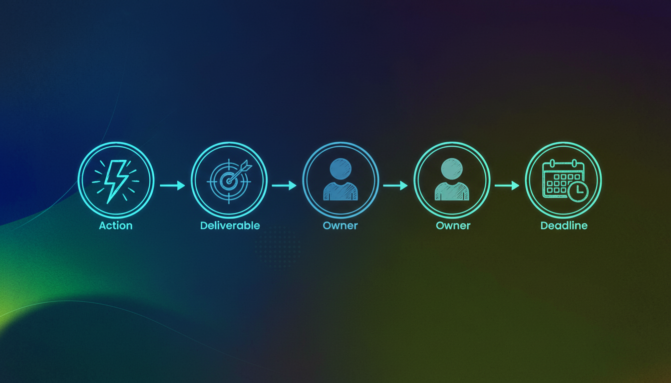 A clean, modern illustration showing the concept of action items and task management. Depict a visual flow or diagram with four connected elements representing action, deliverable, owner, and deadline. Use icons like a lightning bolt for action, a checkbox or target for deliverable, a person silhouette for owner, and a calendar or clock for deadline. Style should be professional and minimalist with a blue and gray color palette. Show these elements arranged in a circular or linear flow to represent the formula for completable tasks. No text or letters visible.