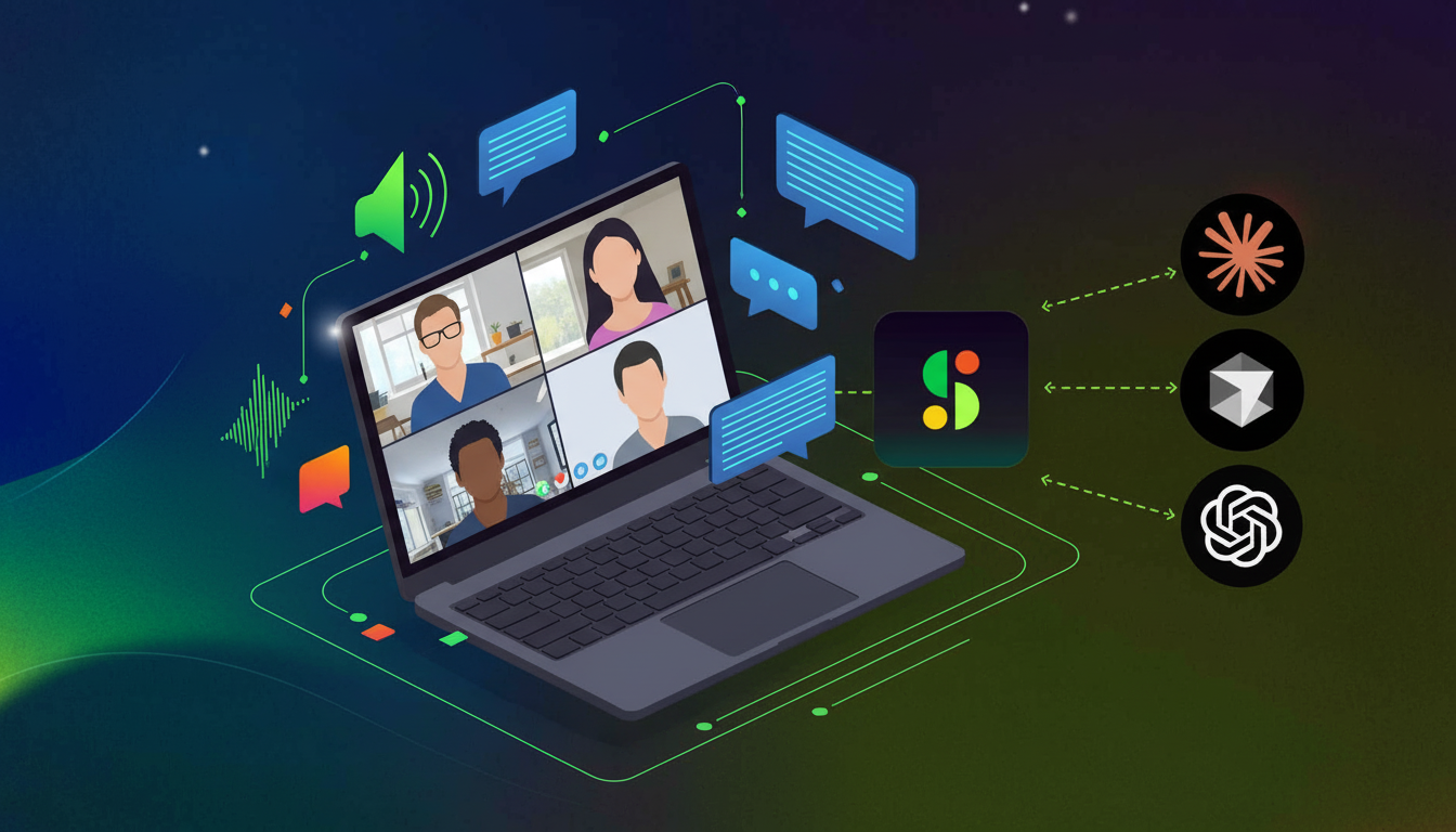 Modern minimalist illustration of an AI-powered meeting scene. A sleek laptop displaying a video conference grid with multiple professional participants on screen. Floating around the laptop are abstract visual elements representing AI transcription: sound waves, speech bubbles being converted into structured text notes, and flowing data streams. Clean geometric shapes, soft gradients in blues and purples, professional tech aesthetic, isometric perspective, bright and optimistic color palette