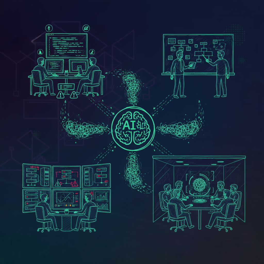 A clean, modern enterprise illustration showing four distinct team groups working at their computers in a connected office environment: software engineers reviewing code on monitors, product managers at a whiteboard with sticky notes, a DevOps team watching infrastructure dashboards with alert indicators, and a leadership team in a glass-walled conference room. All four groups are visually connected by glowing data streams flowing from a central AI hub in the middle. Dark blue and purple color palette with cyan accent lines. Abstract geometric background suggesting enterprise software infrastructure. No text, no words, no letters anywhere in the image.