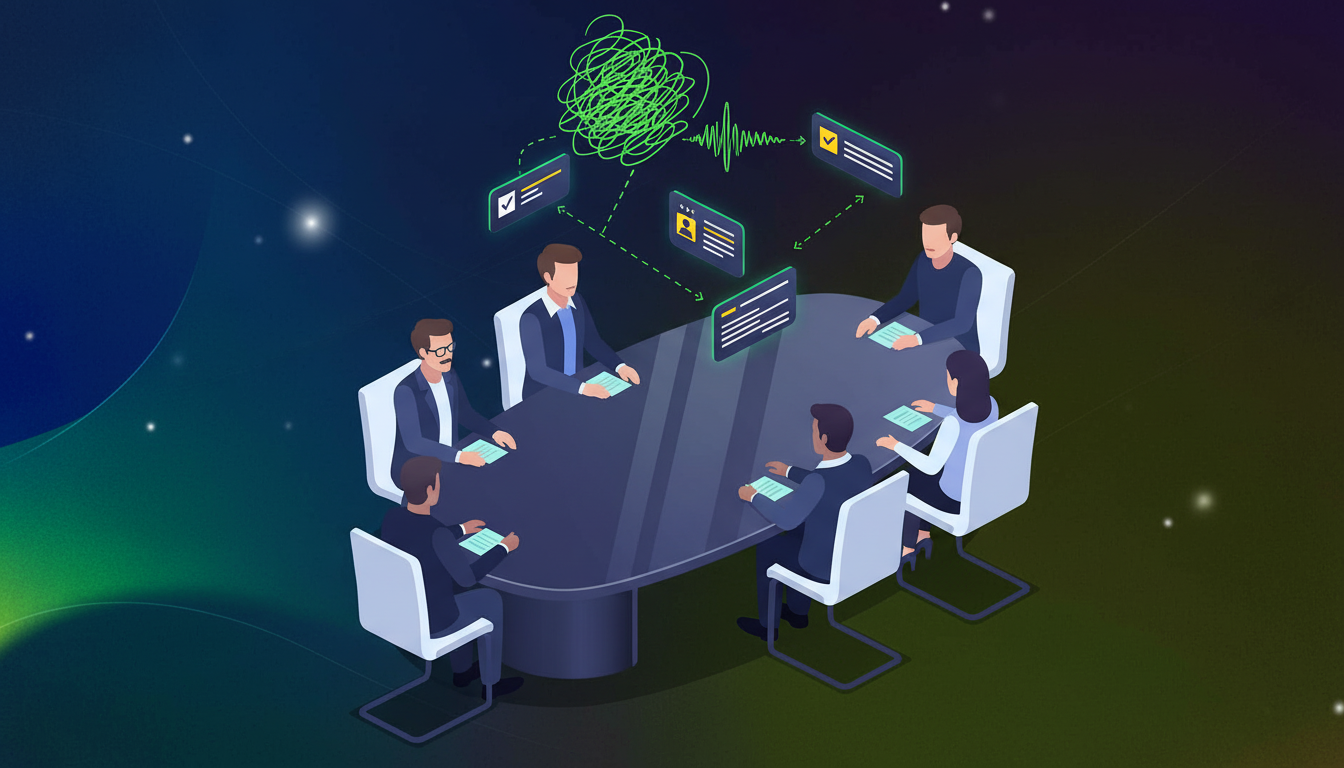 A modern meeting scene showing a diverse group of professionals around a conference table with floating voice wave indicators and glowing ticket icons appearing in the air above the table. The voice waves emanate from one speaker and transform into structured digital task cards with checkmarks and assignment symbols. Use a clean, professional tech aesthetic with blues and purples. Isometric flat design style, minimalist and modern, showing the concept of voice commands creating tickets in real-time during a meeting. No text or letters.
