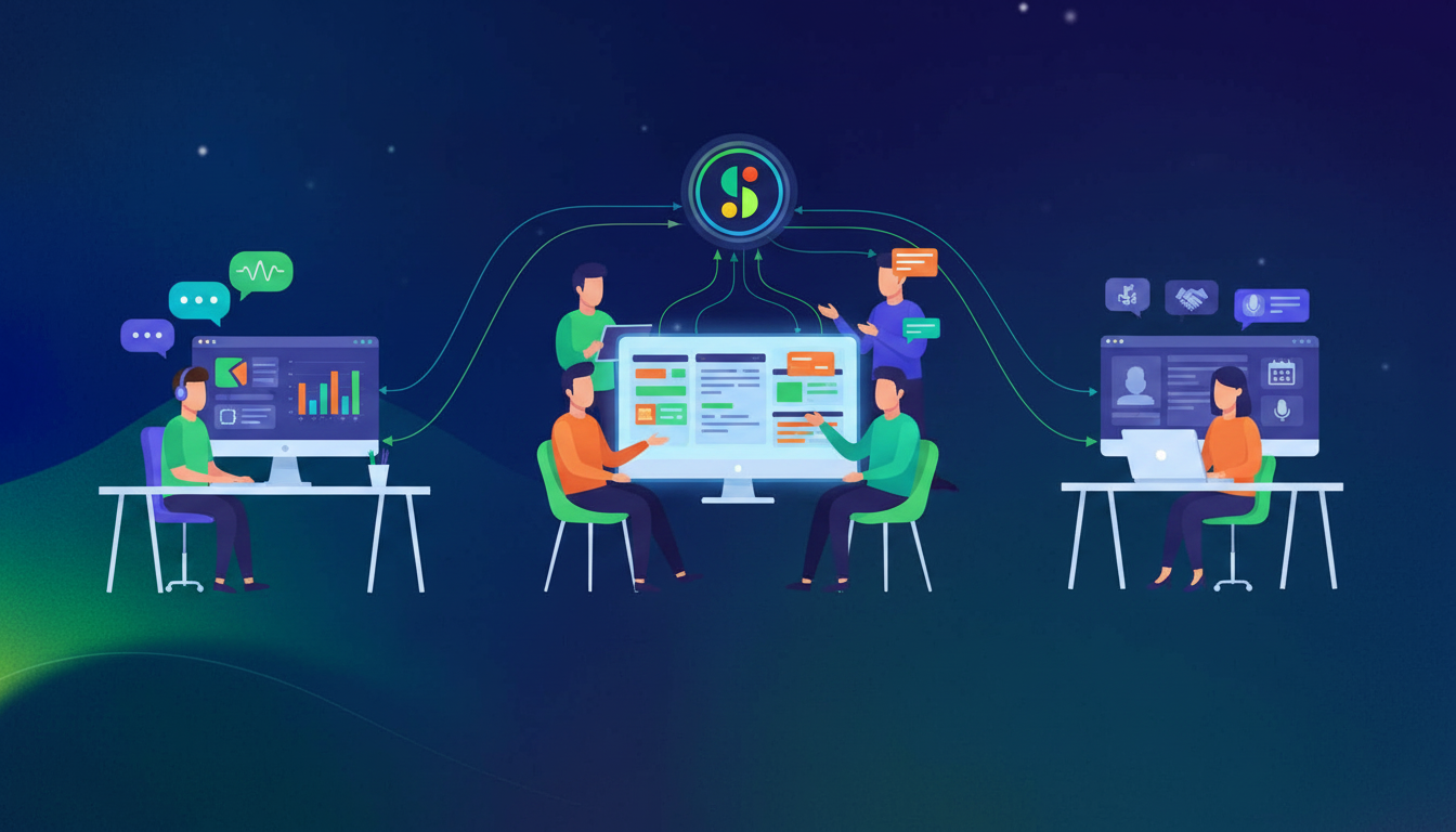 A clean, modern flat-style illustration showing three distinct workspace scenes arranged side by side: on the left, a sales professional at a desk with a CRM dashboard on screen and speech bubbles representing customer calls; in the center, a product and engineering team collaborating around a monitor showing ticket boards and sprint plans; on the right, an HR recruiter reviewing candidate profiles on a laptop with interview-related icons. Each scene connected by glowing data streams flowing from a central meeting recording icon above. Soft blue, purple, and teal color palette, minimal and professional, no text or labels anywhere in the image.