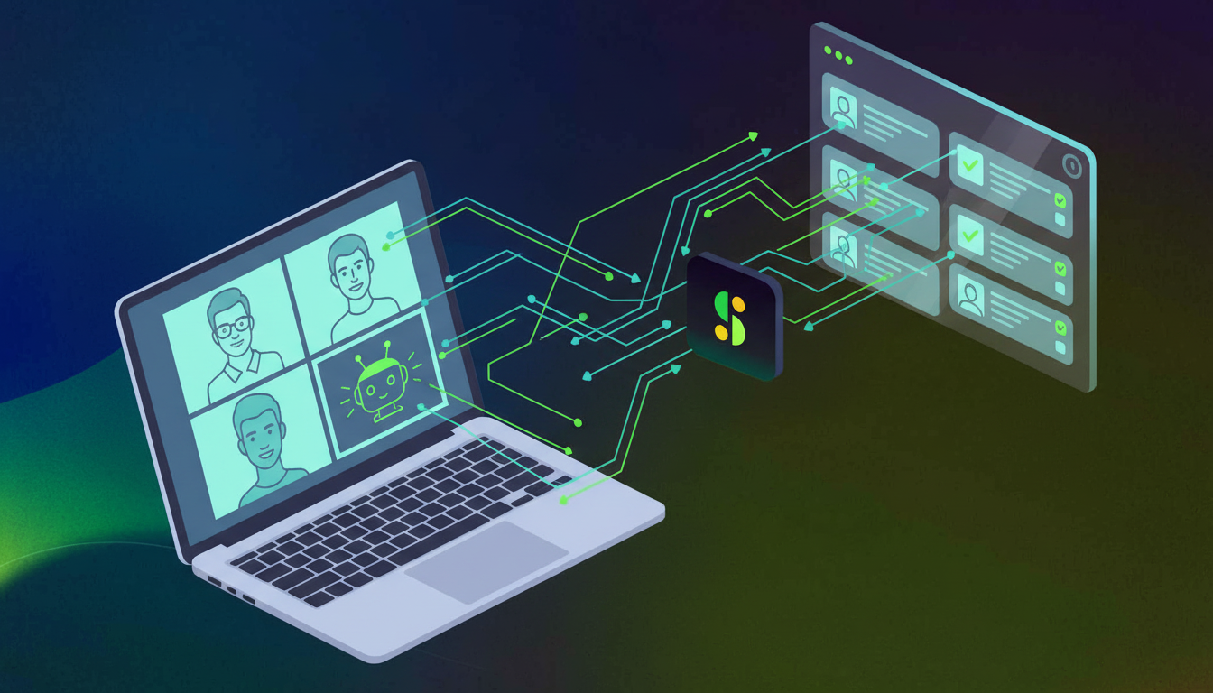 A clean, modern illustration showing a laptop screen displaying a video conference call with multiple participant tiles, with a glowing AI robot icon sitting in as one of the participants. Colorful data streams and arrows flow from the laptop toward a CRM dashboard displayed on a second floating screen, showing contact cards and task lists being automatically populated. Soft blue and green color palette, isometric style, no text or labels anywhere in the image.