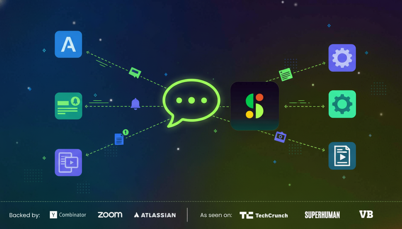 A modern, clean illustration showing workflow automation concept: a central meeting or conversation bubble connecting to multiple project management tools and platforms through flowing lines or arrows. Include visual representations of task cards, notifications, and documents being automatically distributed. Use a professional color palette with blues, purples, and greens. Isometric or flat design style, conveying seamless connectivity and automated data flow between systems.