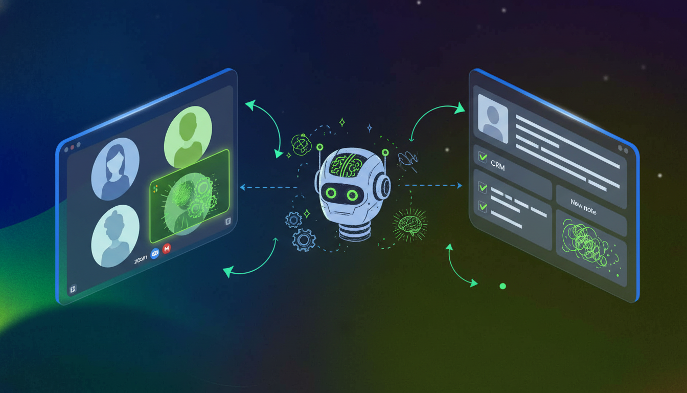 A clean isometric illustration showing three connected floating panels in a workflow sequence: the first panel shows a Google Meet video call interface with participant tiles, the second panel shows an AI robot icon processing data with glowing circuits and analysis symbols, and the third panel shows a CRM contact record dashboard with notes and task checkboxes being populated. Curved arrows connect the three panels left to right showing the automated flow. Soft blue, green, and white color palette. No text, words, labels, or letters anywhere in the image.