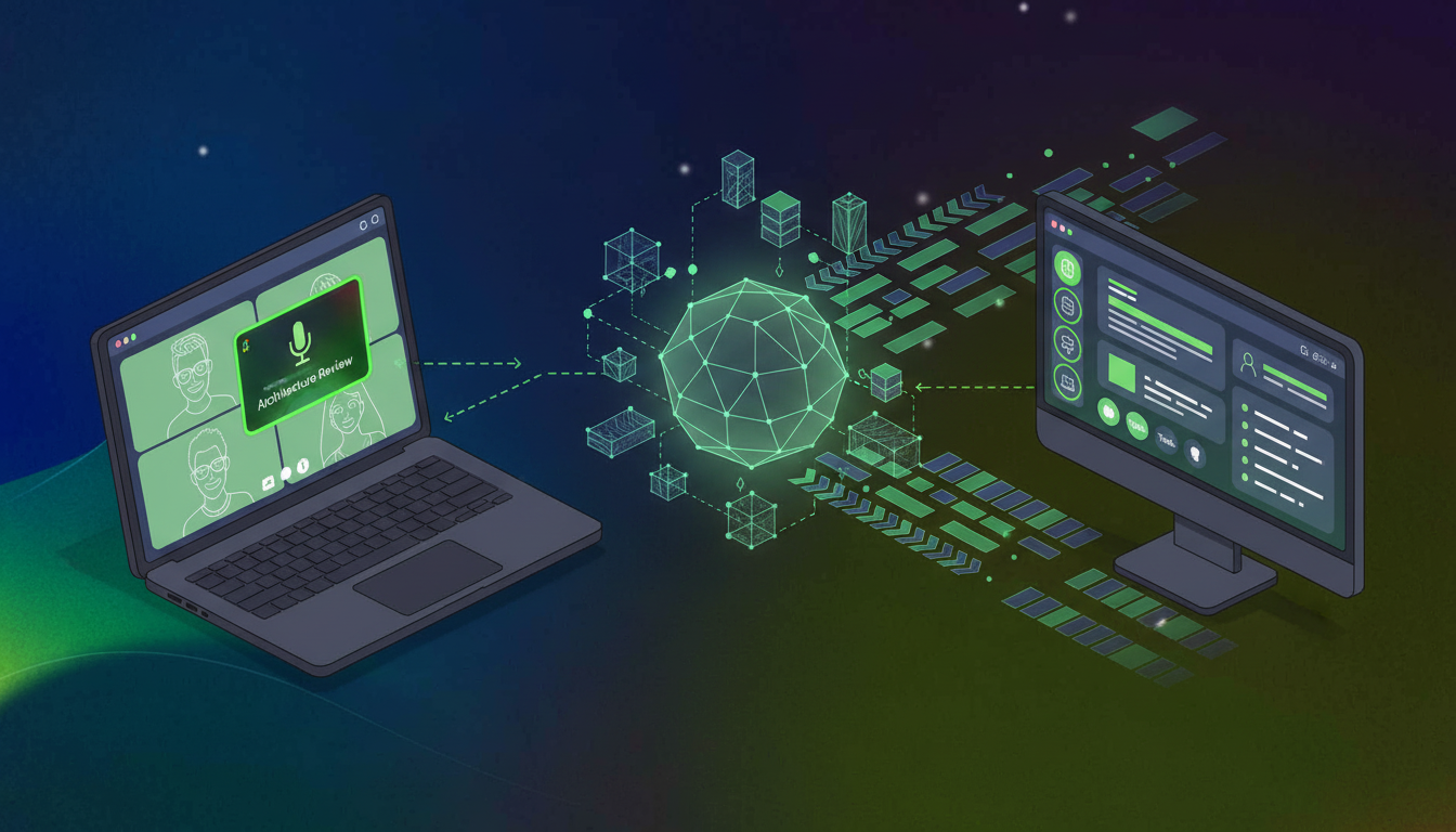 A clean, modern isometric illustration showing a digital data flow pipeline: on the left, a video conferencing interface with multiple participant windows on a laptop screen, in the center a glowing hub with interconnected nodes and structured data streams, and on the right a sleek AI assistant interface on a desktop monitor displaying organized meeting summaries and action items. Soft blue and purple gradient tones, minimalist style, no text or labels anywhere in the image.