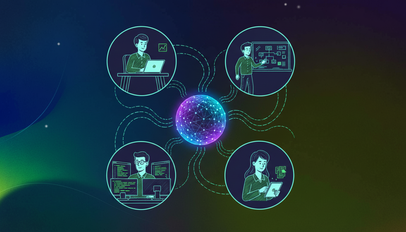 A clean modern flat illustration showing four different professional personas arranged around a central glowing AI hub: a sales person at a desk with a laptop, a product manager with a whiteboard, an engineer at a computer with code on screen, and an HR professional reviewing documents. Glowing data streams connect each persona to the central hub in the middle. Cool blue and purple color palette, soft glowing accents, minimal design, no text, no labels, no words, no letters anywhere in the image.