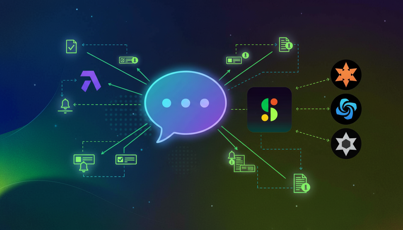 A modern, clean illustration showing workflow automation concept: a central meeting or conversation bubble connecting to multiple project management tools and platforms through flowing lines or arrows. Include visual representations of task cards, notifications, and documents being automatically distributed. Use a professional color palette with blues, purples, and greens. Isometric or flat design style, conveying seamless connectivity and automated data flow between systems.