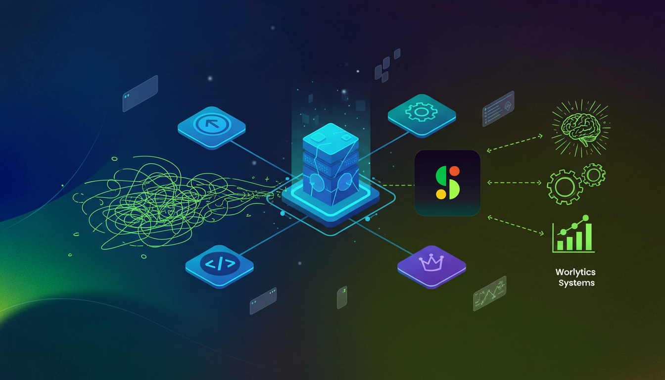 Modern enterprise technology illustration showing a central data hub with interconnected nodes representing different departments (sales, product, engineering, leadership). Visual representation of data flowing from meetings into AI agents, workflows, and analytics systems. Clean, professional style with blue and purple gradients, abstract geometric shapes representing data infrastructure, glowing connection lines, and floating interface elements. Isometric perspective, no text or words visible.