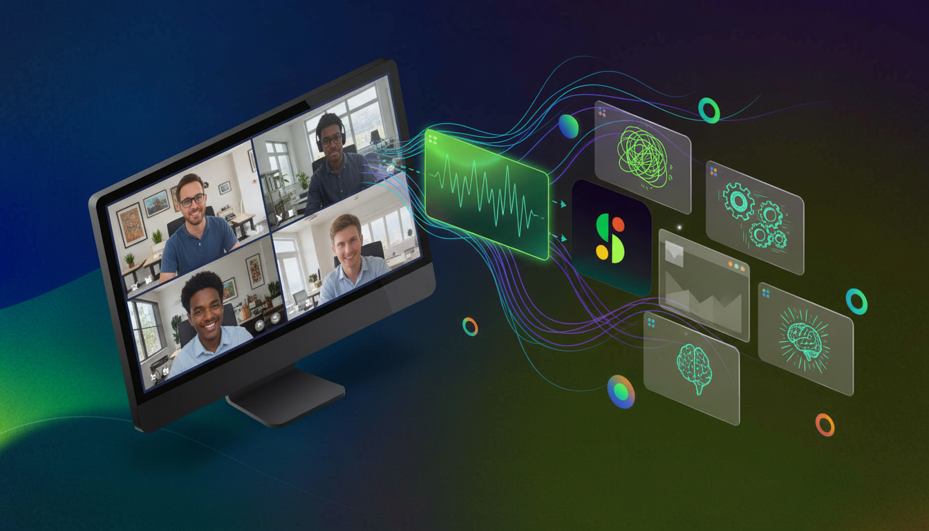Modern workspace illustration showing a video conference meeting on a computer screen with abstract AI elements, digital waveforms representing audio transcription, and floating interface elements suggesting automated note-taking and analysis. Clean, professional style with blue and purple gradients, isometric perspective, no text or words visible.