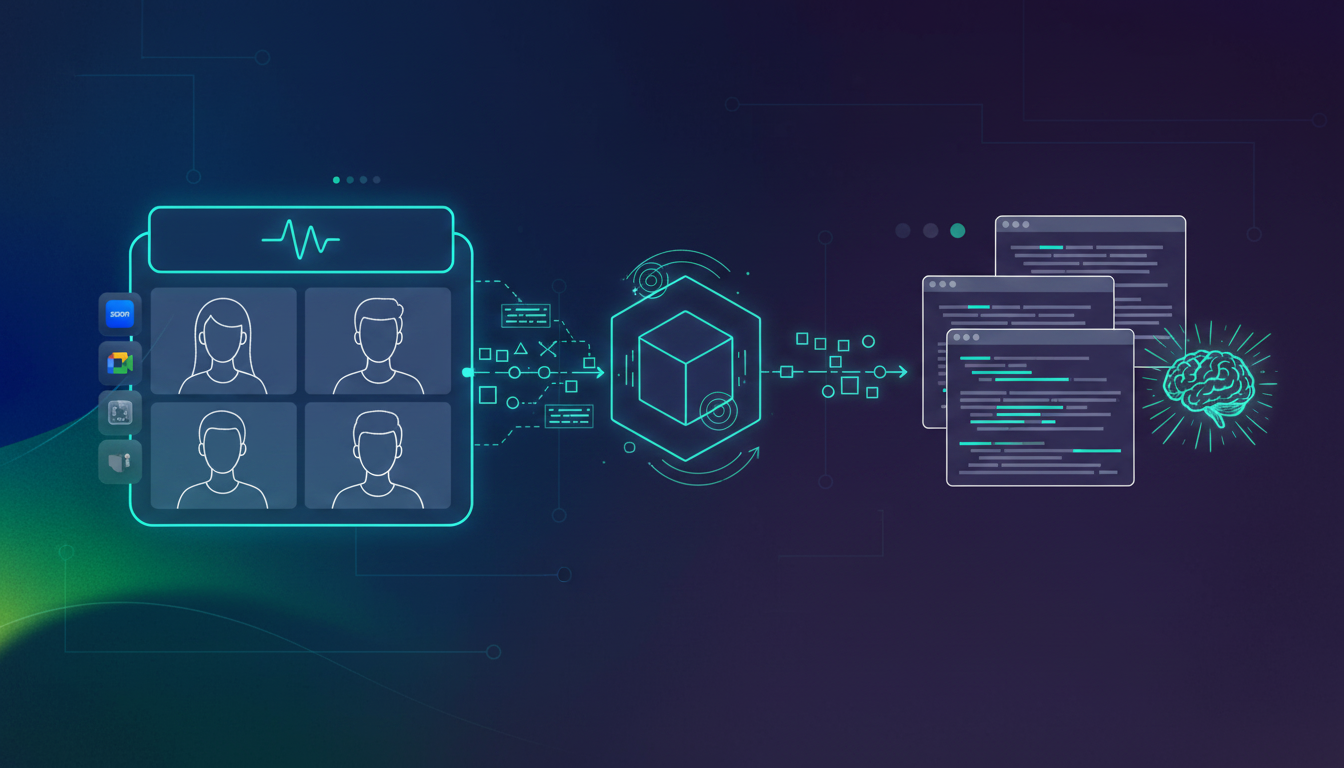 A clean, modern technical illustration showing a data pipeline flow: a video conference call interface on the left with multiple participant windows, connected by a glowing stream of structured data nodes and transcript fragments flowing through a central processing hub, which then feeds into a coding environment with code files and an AI assistant on the right. The visual uses a dark blue and purple color palette with bright cyan accent lines representing data connections. Abstract geometric shapes and circuit-like patterns in the background suggest enterprise software infrastructure. No text, no words, no letters anywhere in the image.
