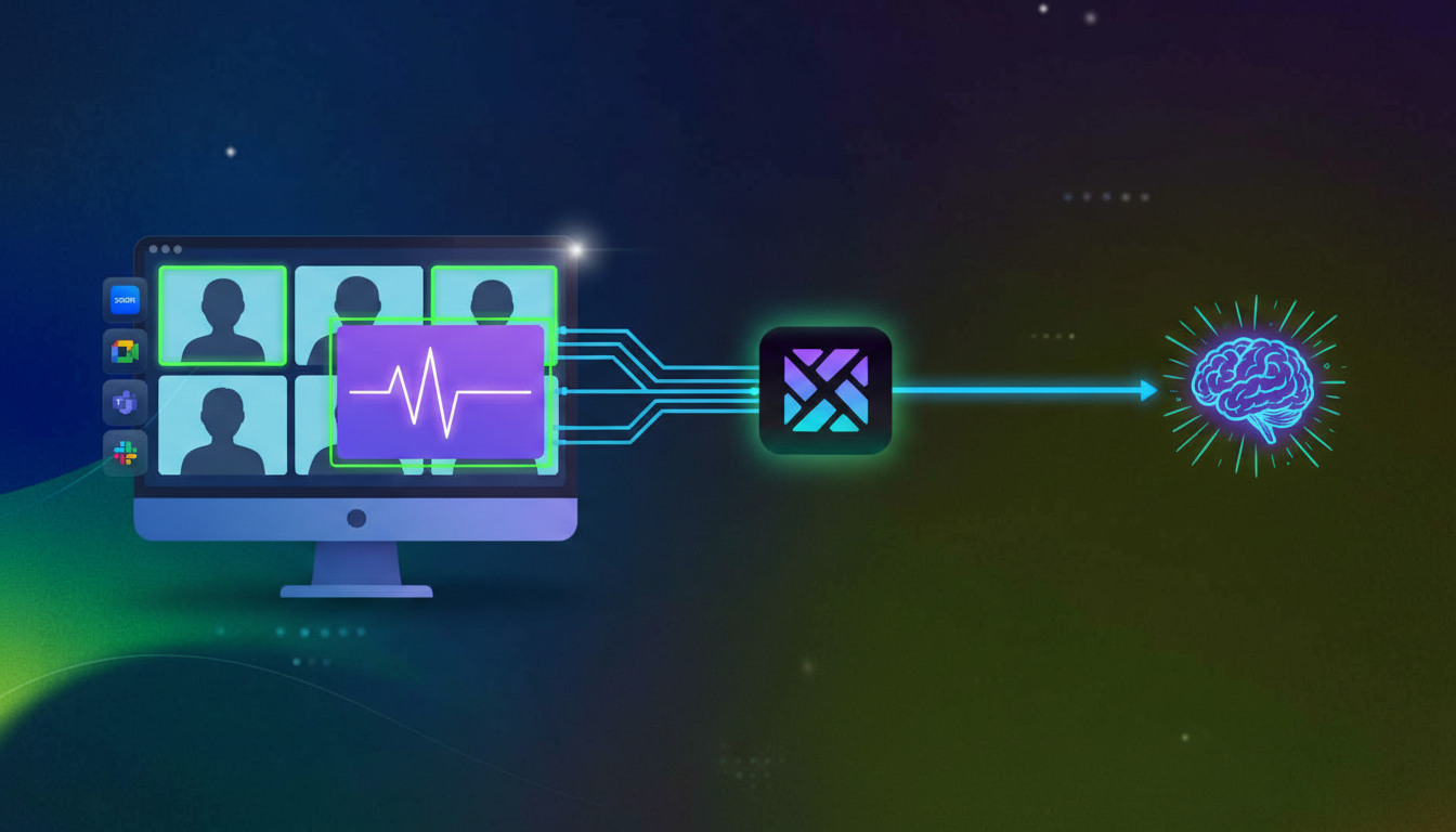 A clean, modern tech illustration showing a data pipeline flow: on the left, a video call interface with multiple participant windows on a computer screen, connected by glowing data streams flowing into a central hub or server node in the middle, which then connects via another stream to an AI brain or neural network icon on the right. The color scheme is cool blues and purples with soft glowing accents, minimal flat design style, no text, no labels, no words, no letters anywhere in the image.