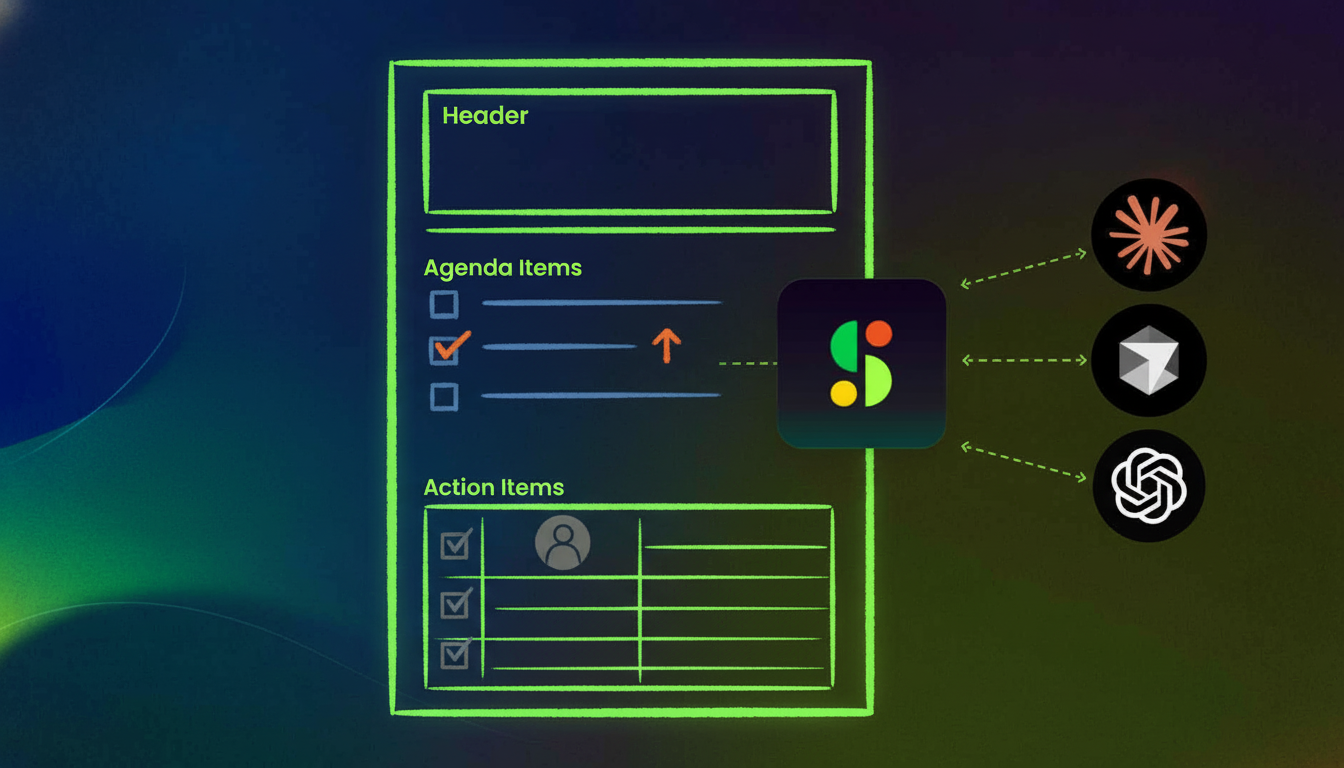 A clean, modern illustration of a meeting notes template layout with organized sections. Show a bird's eye view of a structured document with clearly defined areas for headers, agenda items, and action items in a table format. Use a professional color palette with blues and grays. Include visual elements like checkboxes, priority indicators, and assignment icons. The style should be minimalist and business-focused, depicting organization and clarity without any text or letters visible.