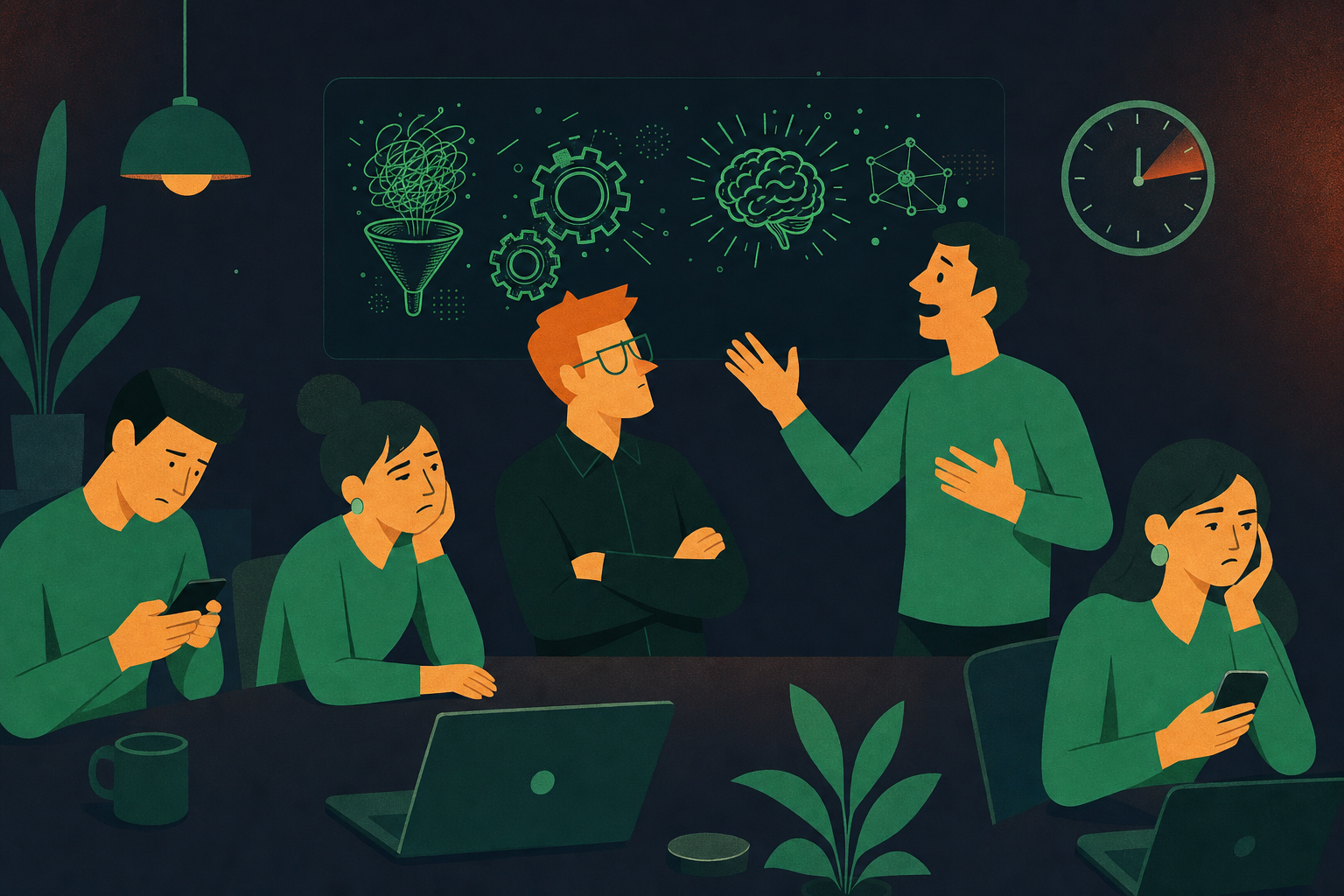 A clean, flat-style illustration of a small software development team in a daily standup meeting. Some team members look distracted, checking phones or looking away, one person is talking too long while others look frustrated. A clock on the wall shows the meeting is running over. Modern minimalist office setting, green and white color palette, professional tech company aesthetic.