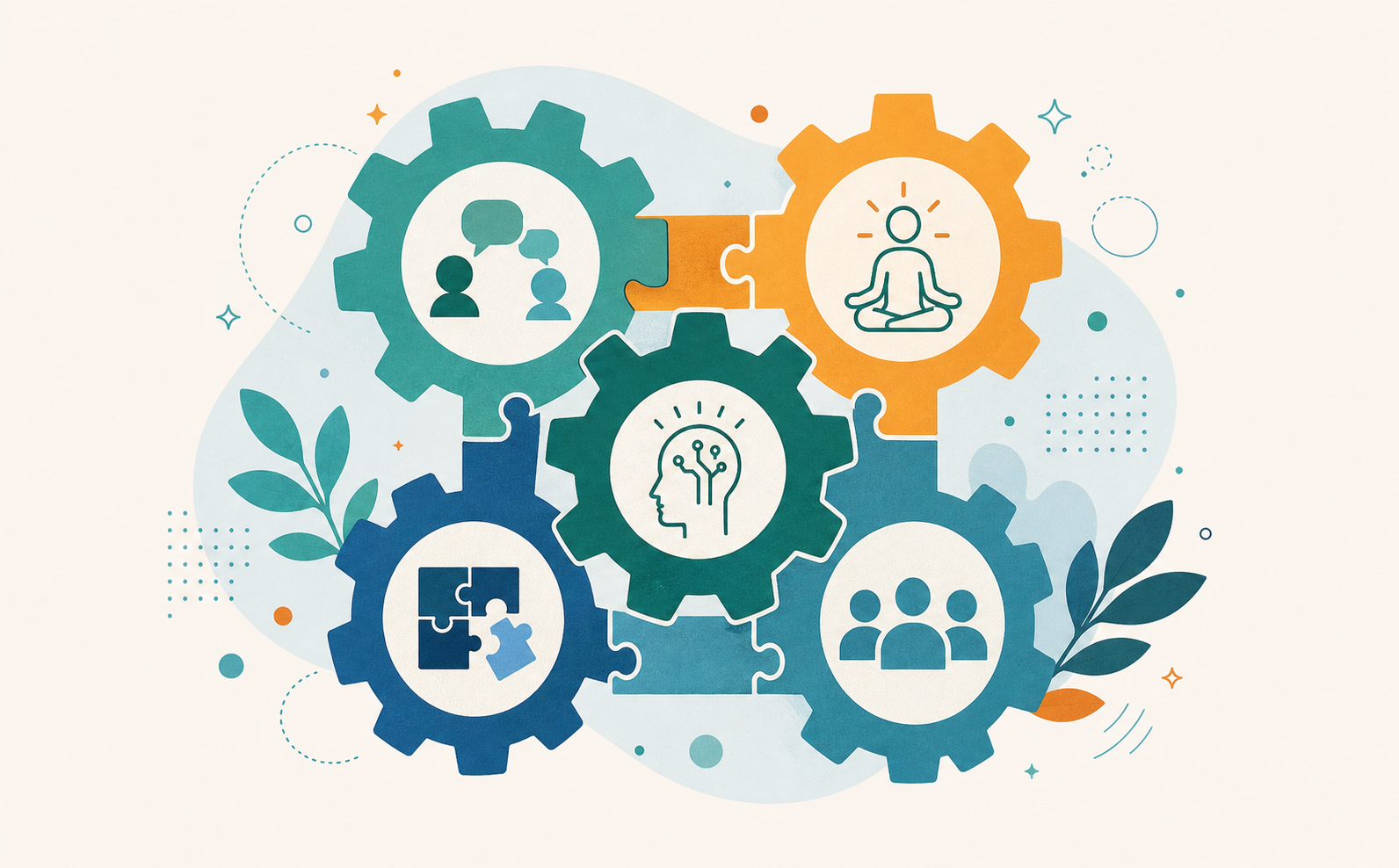 A professional illustration showing five interconnected gears or puzzle pieces, each labeled with a conflict management skill: Communication, Stress Management, Problem-Solving, Emotional Intelligence, and Teamwork. Clean, modern flat design style with a light background and a calm blue and teal color palette. Suitable for a business management blog post.