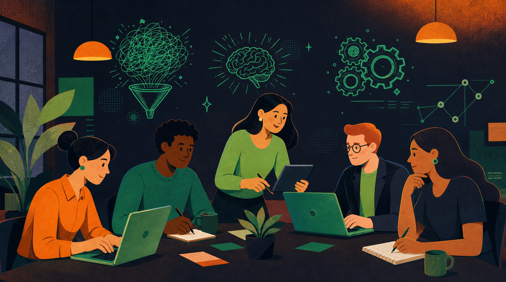 A professional workplace illustration showing five employees collaborating around a table, each actively engaged and taking initiative on their work. The scene conveys ownership, accountability, and teamwork. Modern office setting with warm, positive energy. Clean, flat design style with a blue and green color palette.
