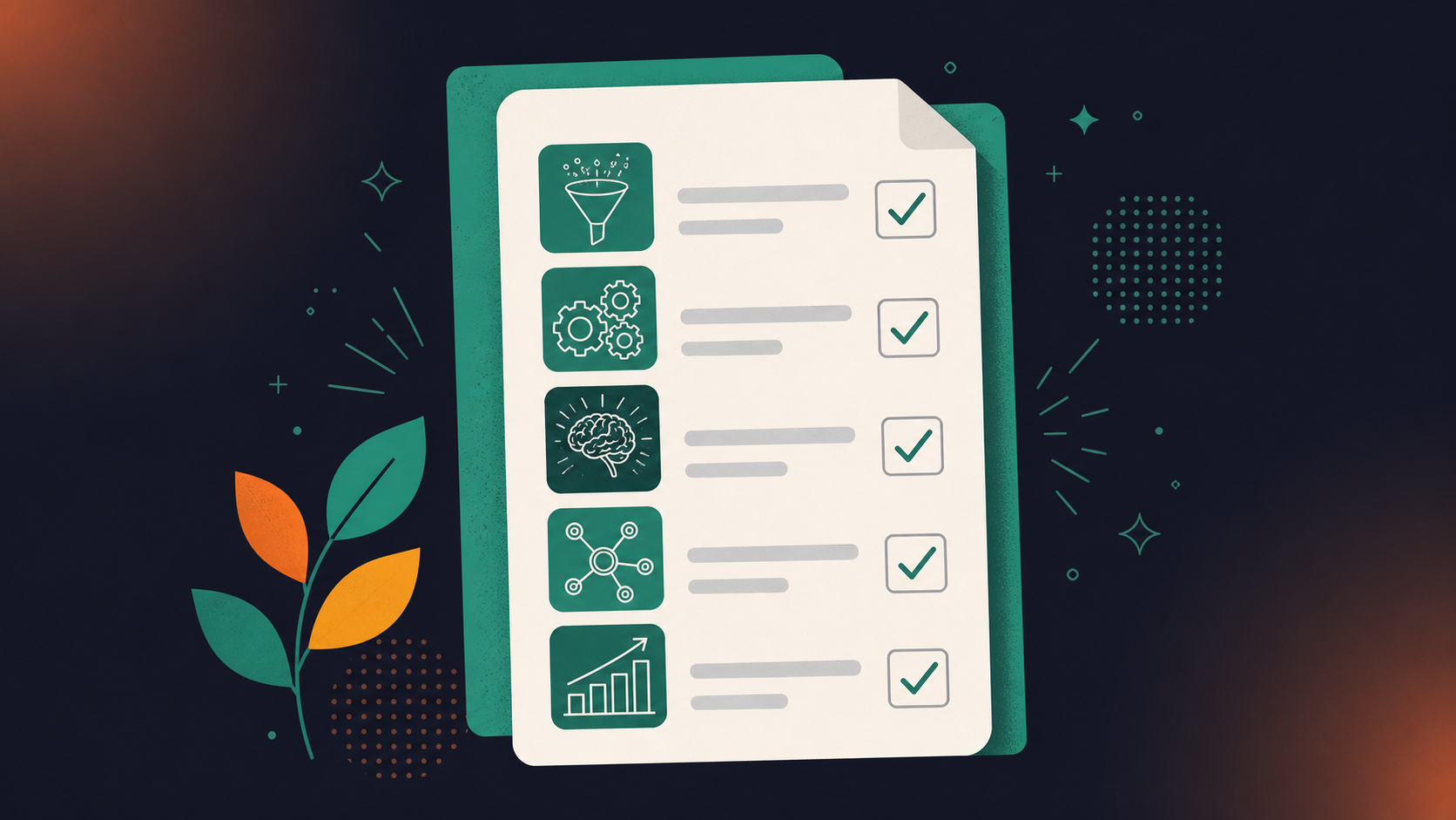 A clean, modern flat-style illustration of a quarterly performance review agenda. Shows a structured checklist or document with five agenda items listed, icons next to each item, and checkboxes. Minimalist color palette with soft blues and greens. Professional, organized feel. No text or labels in the image.