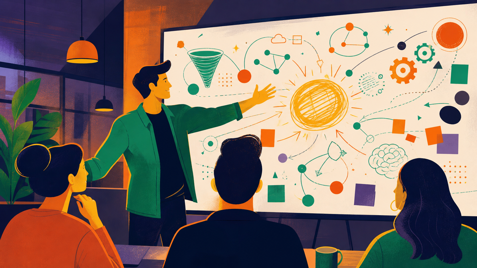 A creative workplace illustration showing a big-picture thinker standing in front of a large whiteboard covered in mind maps, arrows, and bold ideas. The person looks energized and visionary, gesturing broadly toward a high-level goal on the board. Clean, modern flat design style with warm oranges and purples. Represents an intuitive, creative communicator who thrives on vision and brainstorming in a team setting.