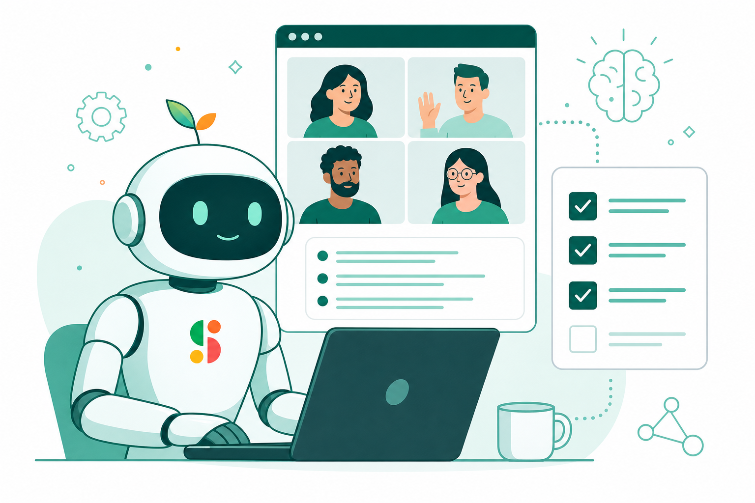 A clean, minimal illustration showing an AI meeting assistant bot sitting at a laptop during a video call, with a transcript appearing on screen and action items being automatically checked off a task list. Tech/SaaS style, flat design, blue and green color palette, white background.