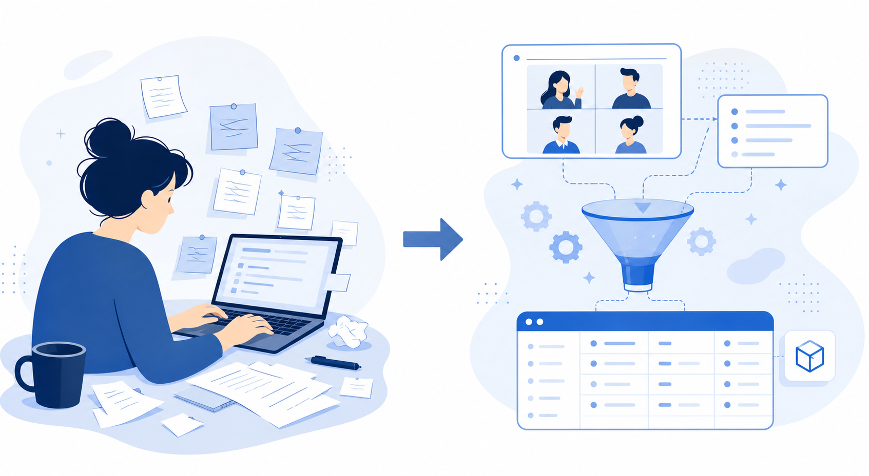 A clean flat illustration showing a side-by-side comparison of meeting workflow: on the left, a person manually typing notes at a laptop with sticky notes and a messy desk; on the right, an automated workflow where meeting decisions and action items flow automatically into a Notion database. Connected by an arrow in the center. Minimal style, light background, professional blue and white color palette. Software productivity theme.