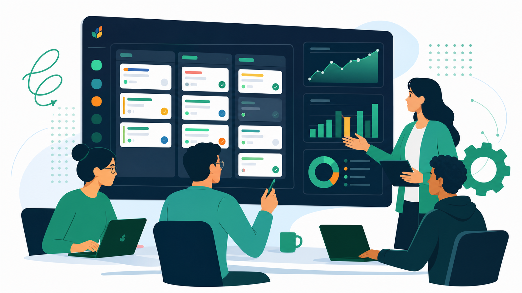 A clean, modern flat illustration of an agile project management dashboard showing Kanban boards, sprint velocity charts, and task cards with status labels. A diverse team of engineers and a product manager are gathered around a screen reviewing sprint progress. Soft blue and green color palette with white background. Professional, technical tone — not playful or cartoonish. No text overlays.