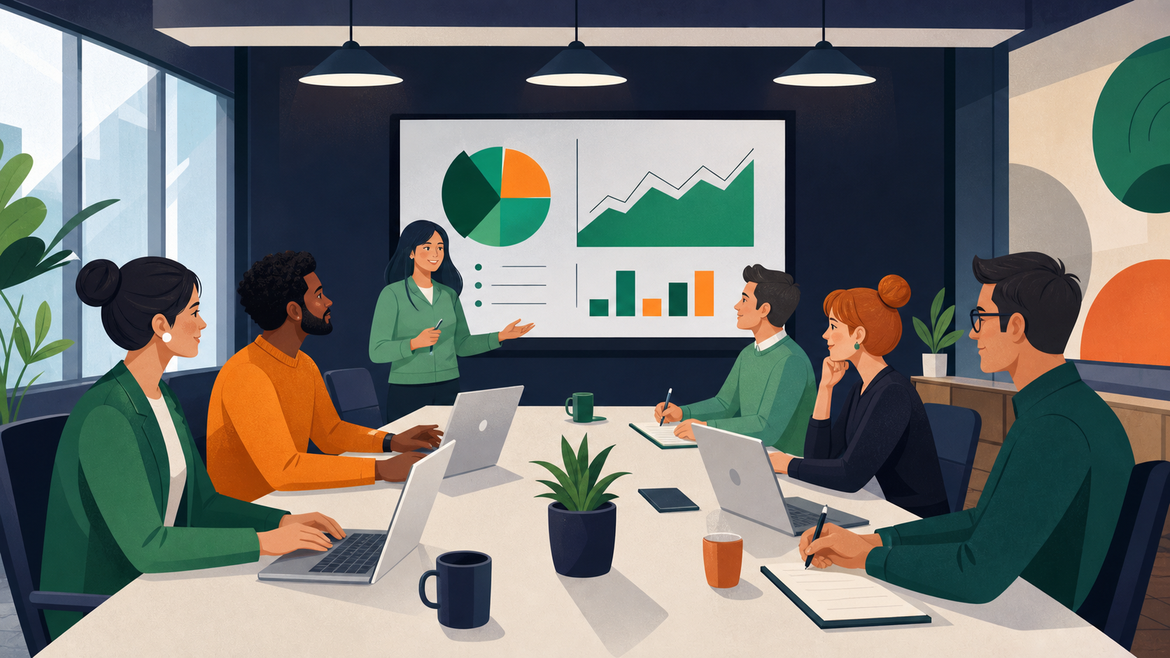 A clean, modern illustration of a diverse group of professionals in a bright conference room having a productive company meeting. People are engaged, smiling, and actively participating around a large table with laptops and notepads. A screen at the front shows charts and goals. The style is flat design with soft, professional colors — blues, greens, and grays. No text in the image.