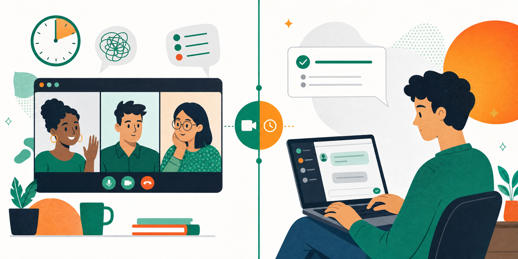 A clean, modern split-panel illustration for an agile tech blog. Left panel: a team of three people on a video call standup (Zoom/Meet style), with speech bubbles showing blockers and tasks, a clock showing 15 minutes. Right panel: a single person typing an async standup update into a chat tool on their laptop, relaxed at their own schedule. Center divider labeled "Live" vs "Async". Flat design style, muted blue and green tones, white background, no text other than the labels.
