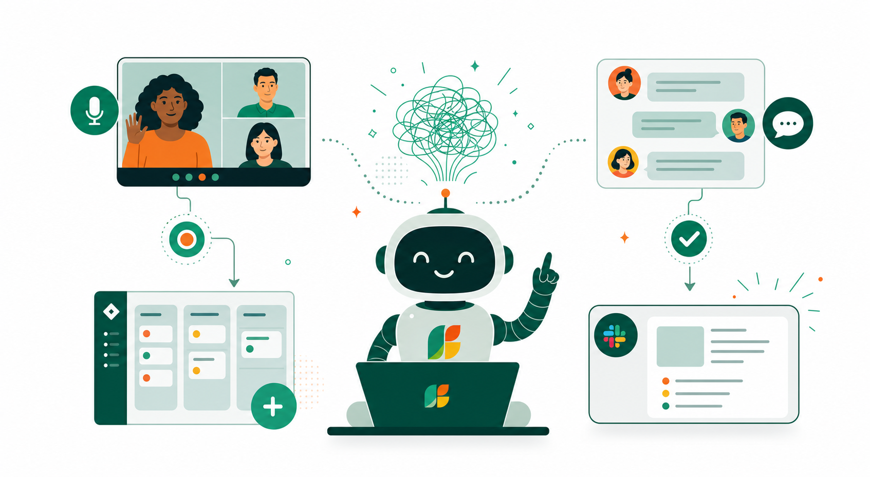 A clean, modern illustration for an agile tech blog. A friendly AI robot (representing Spinach) sits at the center, with two workflow streams branching out: on the left, a live video call recording with a microphone icon and real-time ticket creation dropping into a Jira-style board; on the right, an async check-in flow with chat bubbles and a Slack notification summary appearing automatically. Flat design style, muted green and blue tones, white background, minimal text.