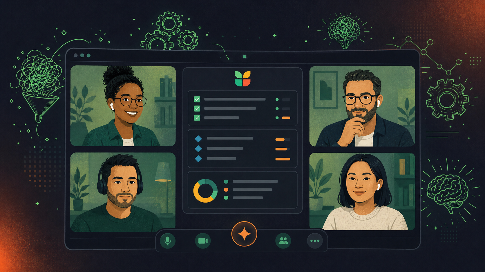 A clean, modern flat illustration of a remote software development team running a daily standup meeting. Four diverse team members appear in video call tiles on a screen. In the center of the screen, an AI assistant panel displays structured action items, Jira ticket suggestions, and a sprint summary being populated in real time during the call. The color palette is soft greens and whites with subtle dark navy accents. No text overlays. Professional, technical, peer-level tone — not playful or cartoonish.